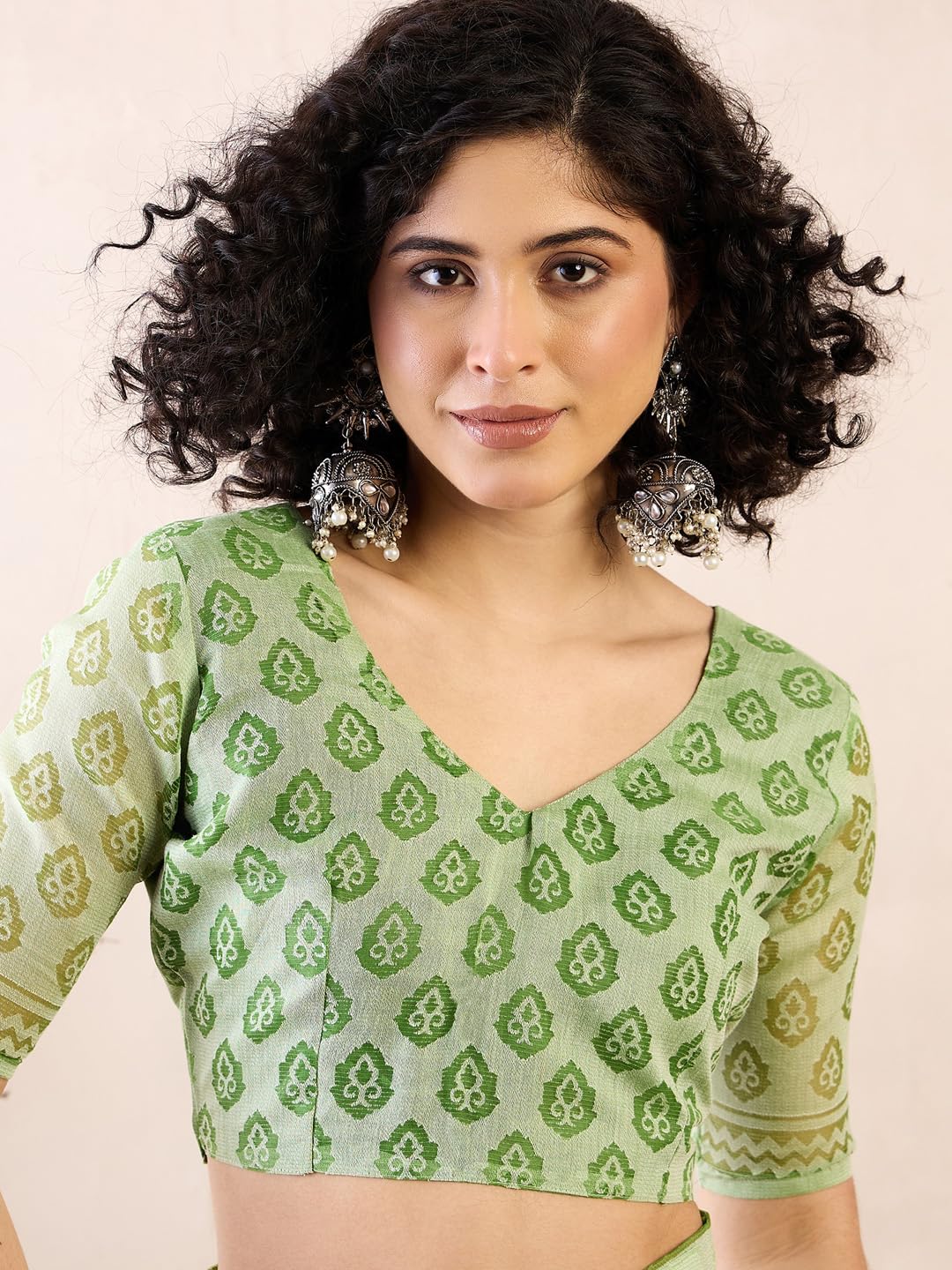 SAREE MALL Women's Green Brasso Floral Printed Ready To Wear one Minute Saree With Unstitched Blouse (RTWMSKR01E_HS)