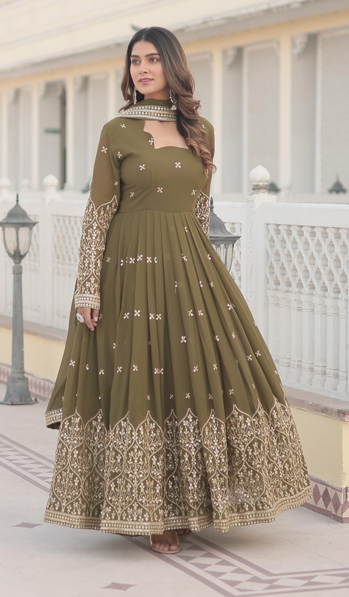 Fashion Basket Goergette Kurta with Duptta Olive