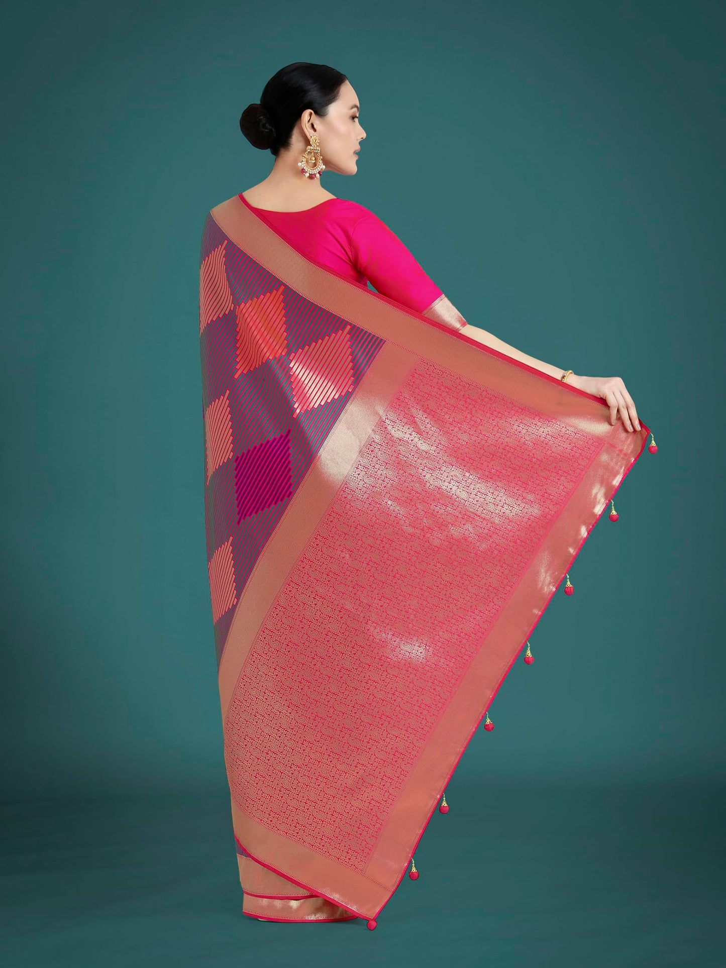 Monjolika Fashion Women's Banarasi Satin Silk Saree with Zari Weaving Geomatric Design Unstitched Blouse Piece