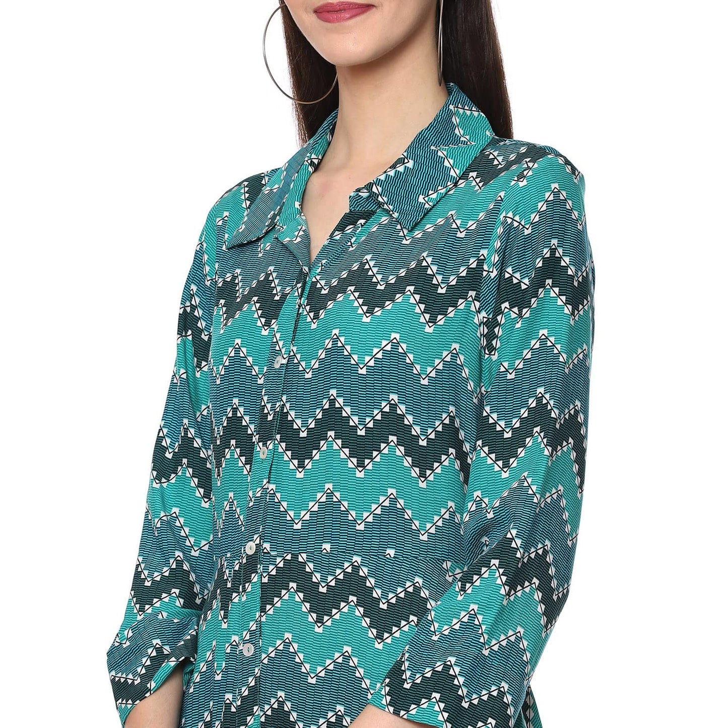 BIBA Women's Green Turquoise Rayon A-Line Printed Dress