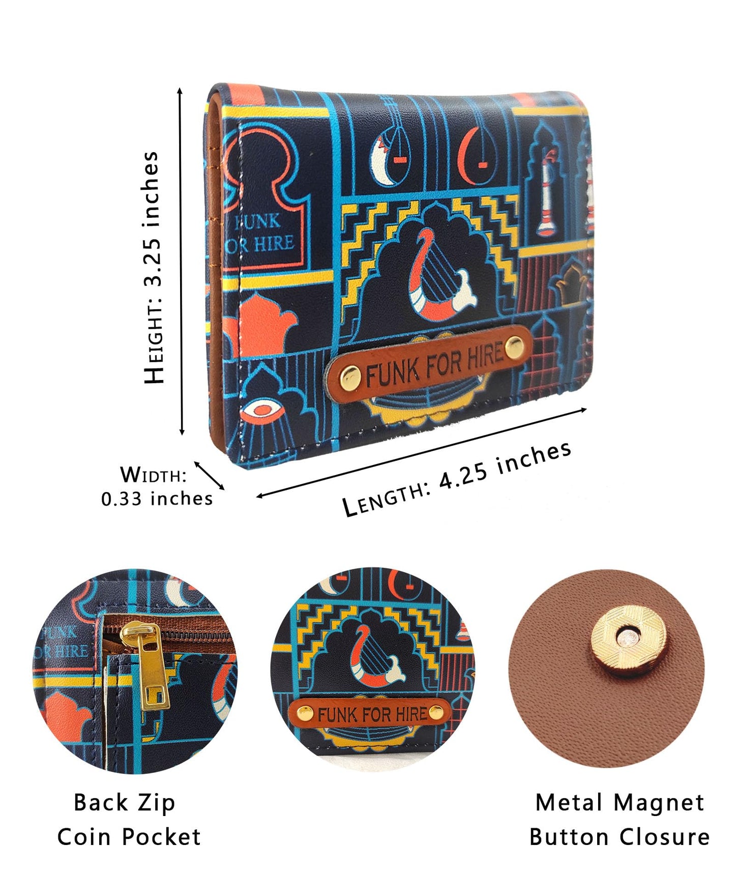 Funk For Hire Unisex Vegan Leather Small Card Wallet Navy Blue Printed Mini Bifold with Coin Zipper Pocket Compact Slim Wallet for Cash & Cards