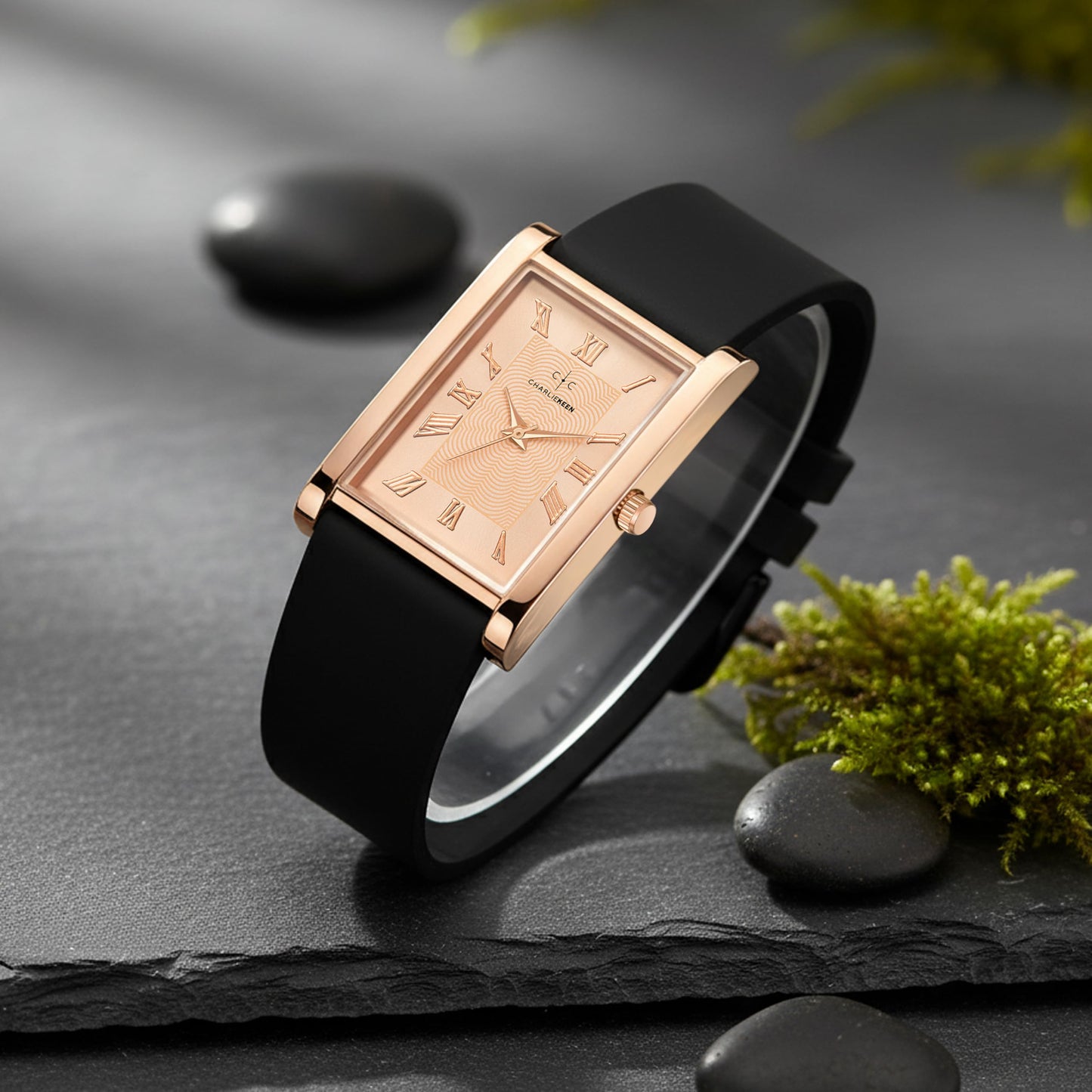 CHARLIEKEEN Slim Analogue Watch, Black Dial, Leather Strap (Rose Gold)