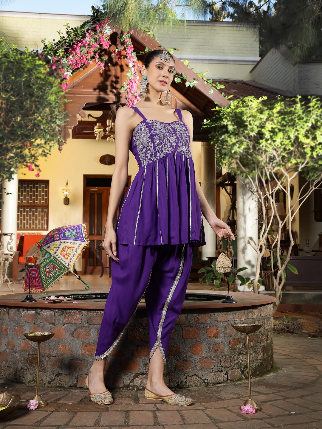 Stylum Women's Solid & Embroidered Rayon A-Line Kurti Dhoti Pant Set