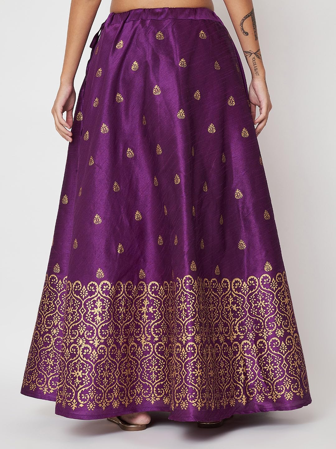 studio rasa Women's Dupion Hand Block Printed Bias Skirt for Wedding Festive Party (SKTC52403L_Purple_Large)