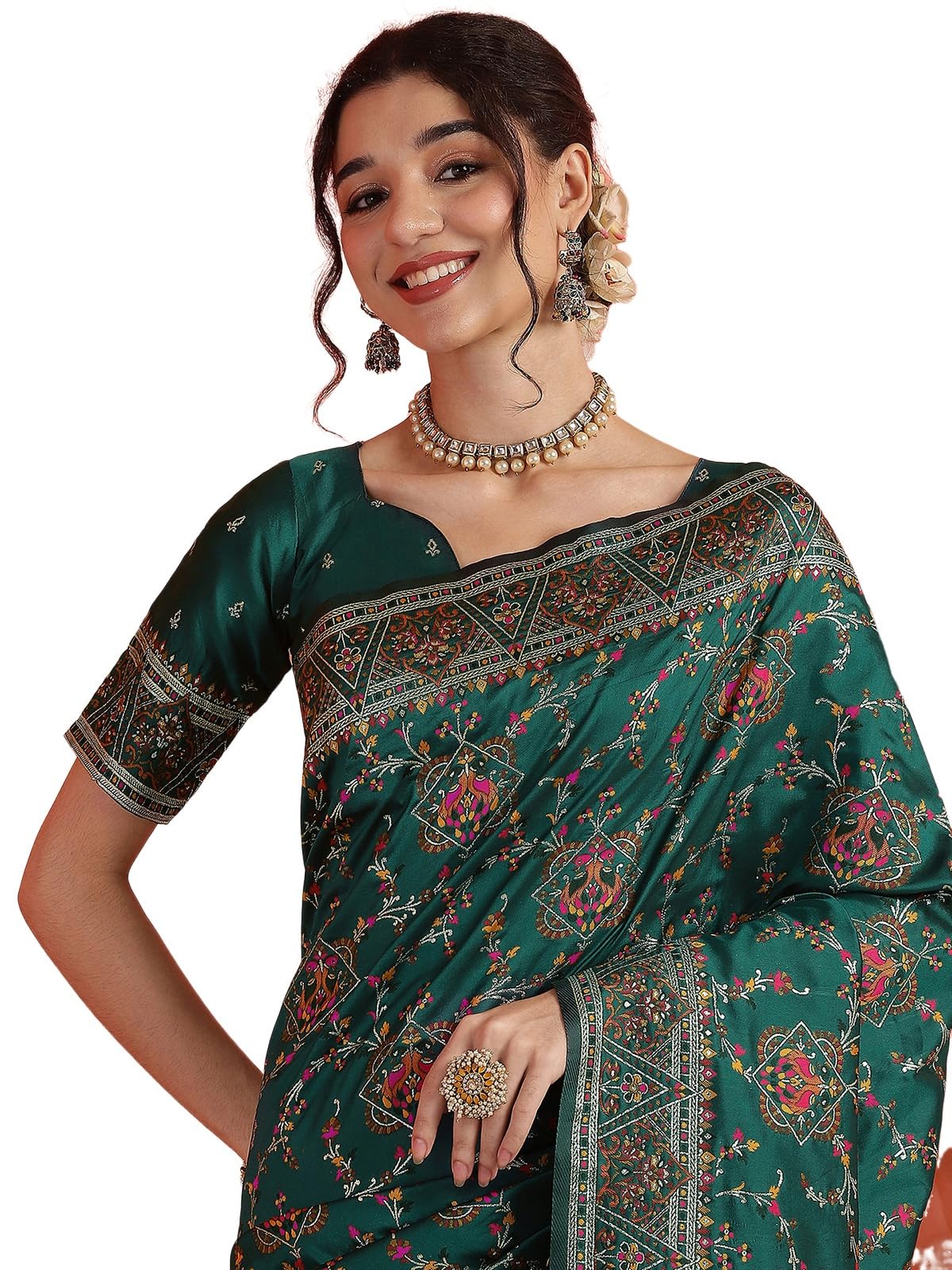 Satrani Women's Silk Weaving Banarasi Saree with Unstitched Blouse Piece (4734S792N_Rama Green5)