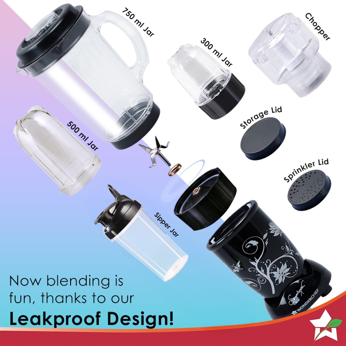 Wonderchef Nutri Blend Complete Kitchen Machine, Mixer Grinder, Blender, Chopper, Juicer, Stainless Steel Blades, 4 Jars with chopper, 500 Watts, Black, Online Recipe Book By Chef Sanjeev Kapoor