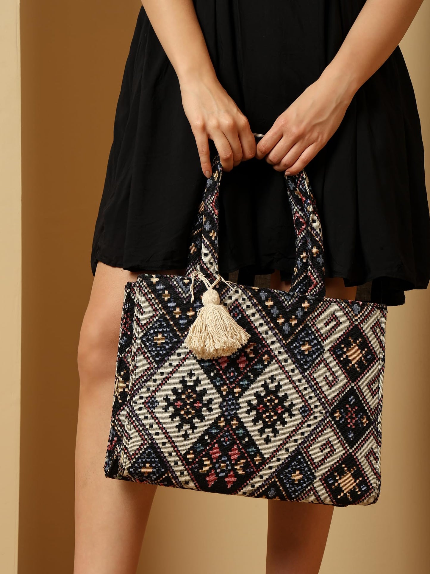 ENSAC Tote Bag for Women – Ethnic Embroidered Shoulder Bag with Tassel | Stylish Large Handbag for Office, College & Casual Outings