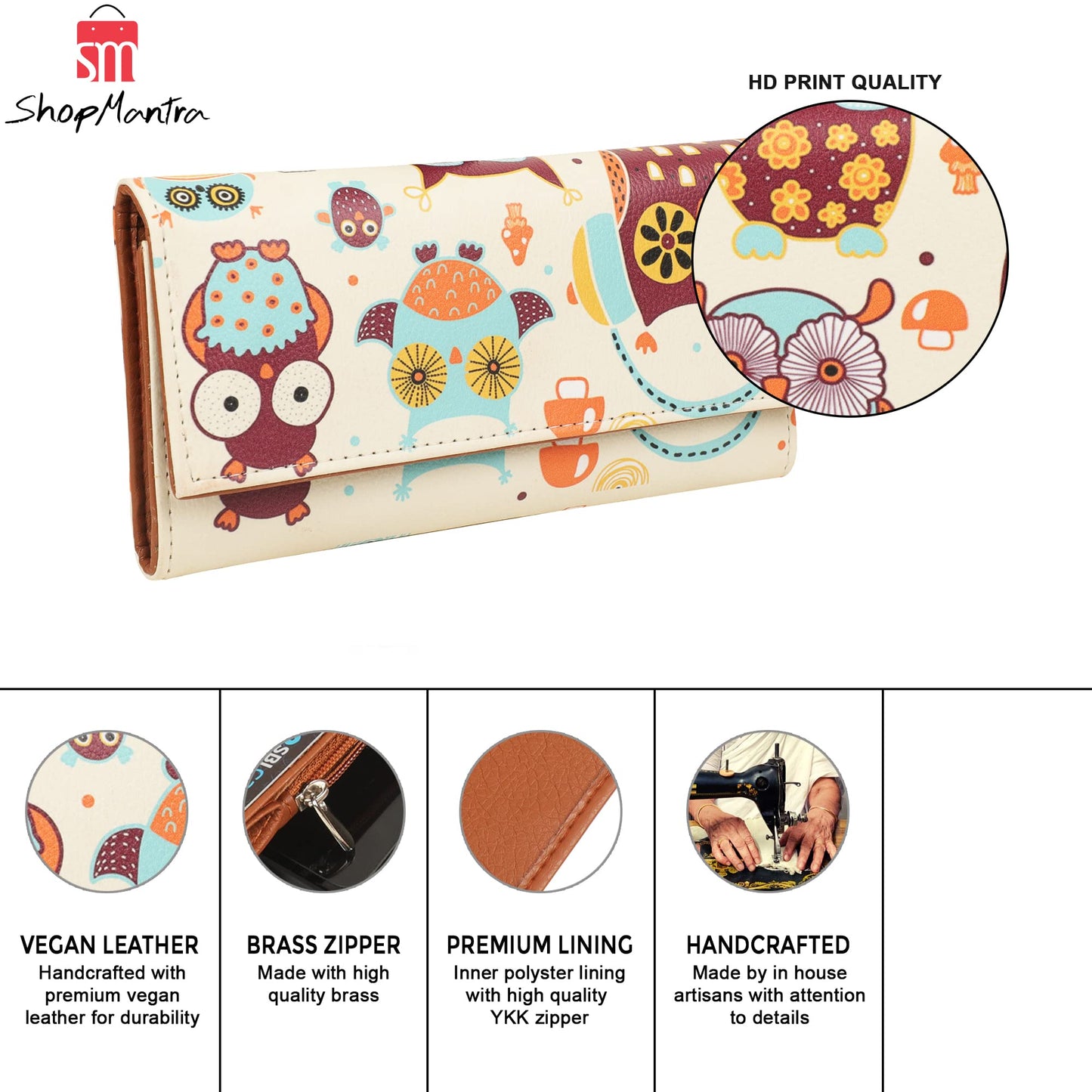 ShopMantra Wallet for Woman | Cute Owl Print Faux Leather Purse for Girls | Stylish Trifold Clutch with Card Slots & Coin Pocket