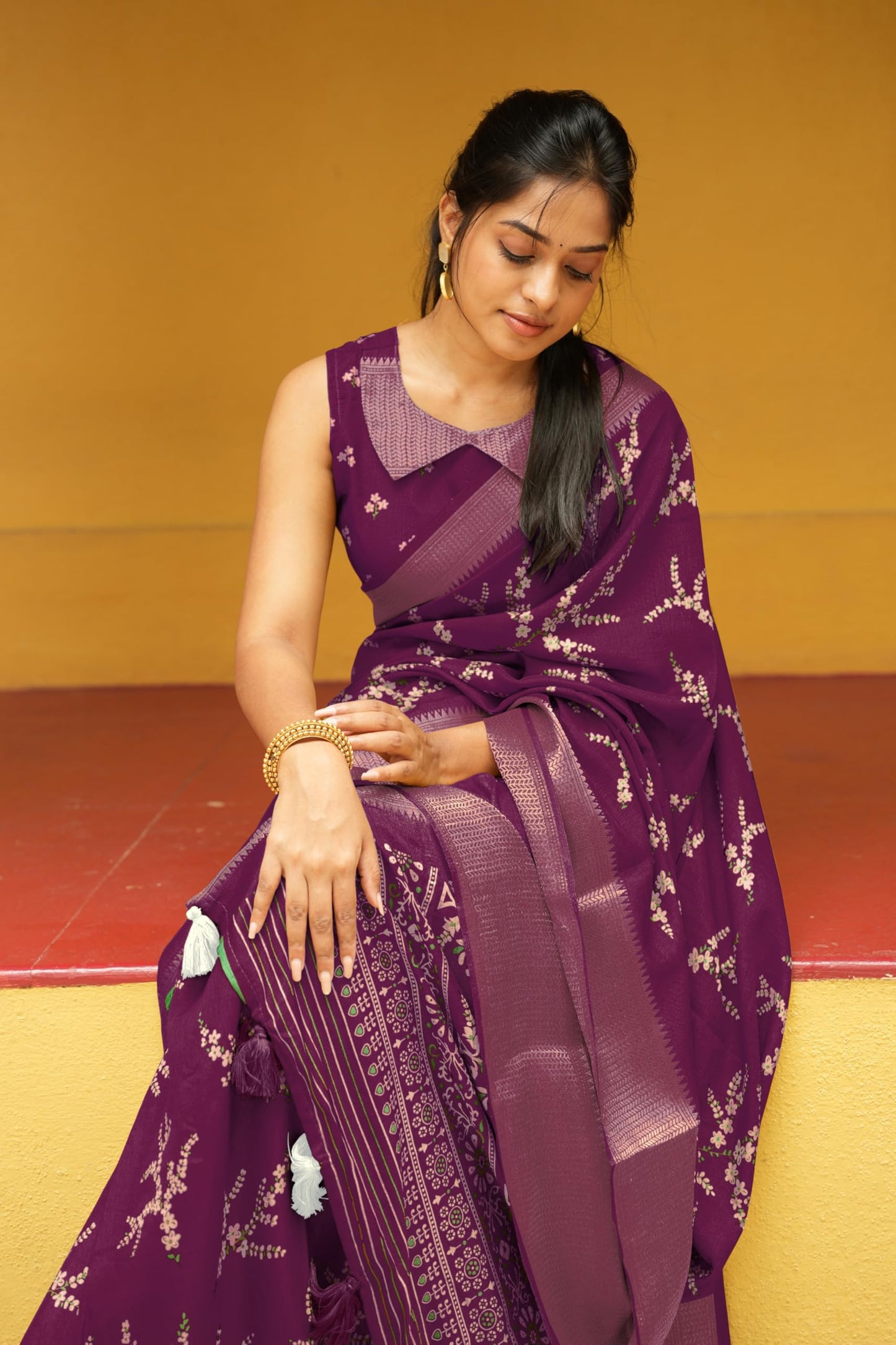 MIRCHI FASHION Women's Cotton Silk Floral Printed Saree with Blouse Piece (50746 - Dark Magenta, Multicolor)