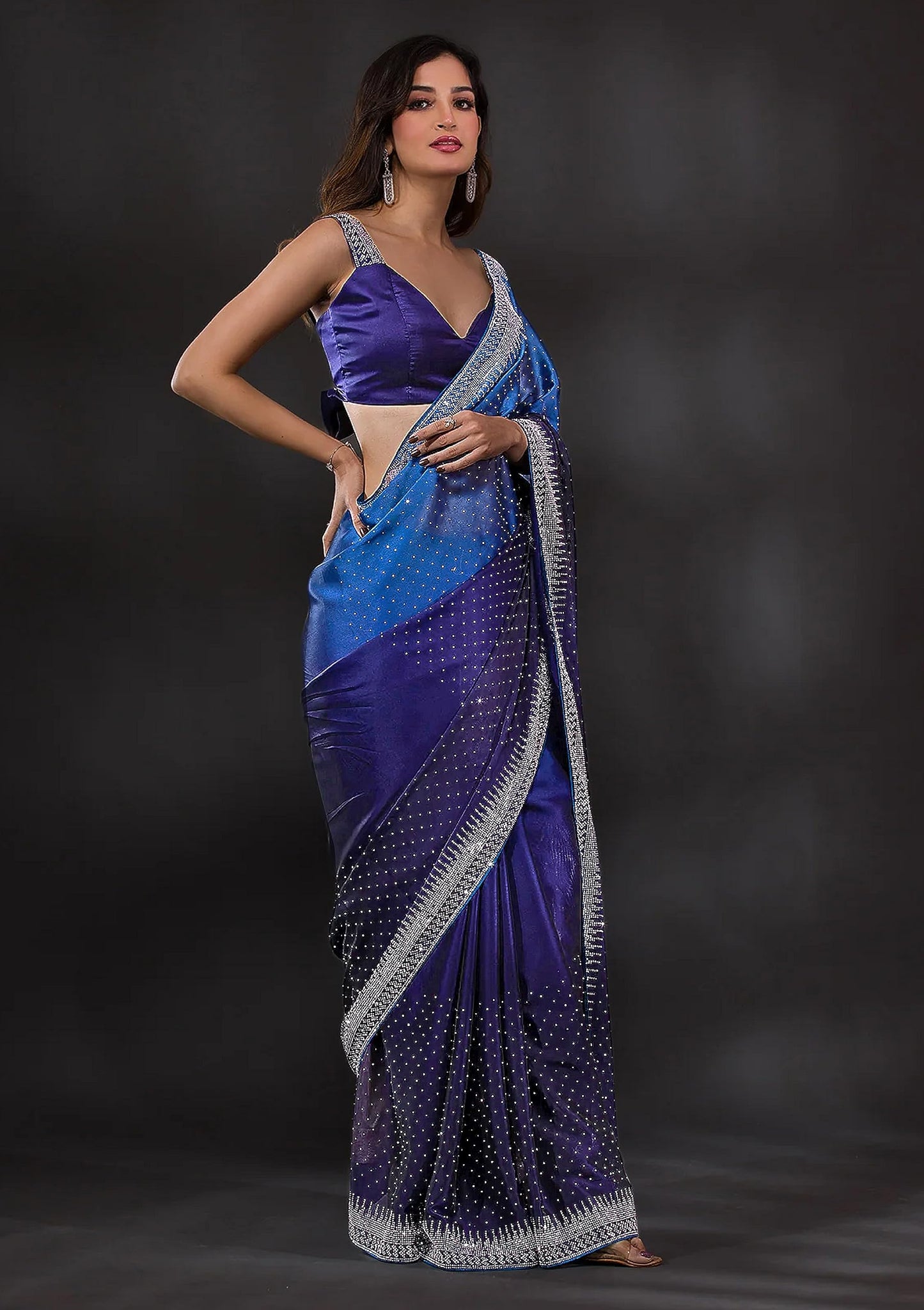 TRENDMALLS Women's Rangoli Silk Siroski Dual Shade Saree with Unstitch Blouse Piece (K1041-Blue)
