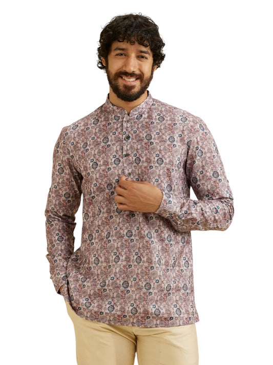 Manyavar Men's Cotton Blend Digital Print Short Kurta (Peach,XL)
