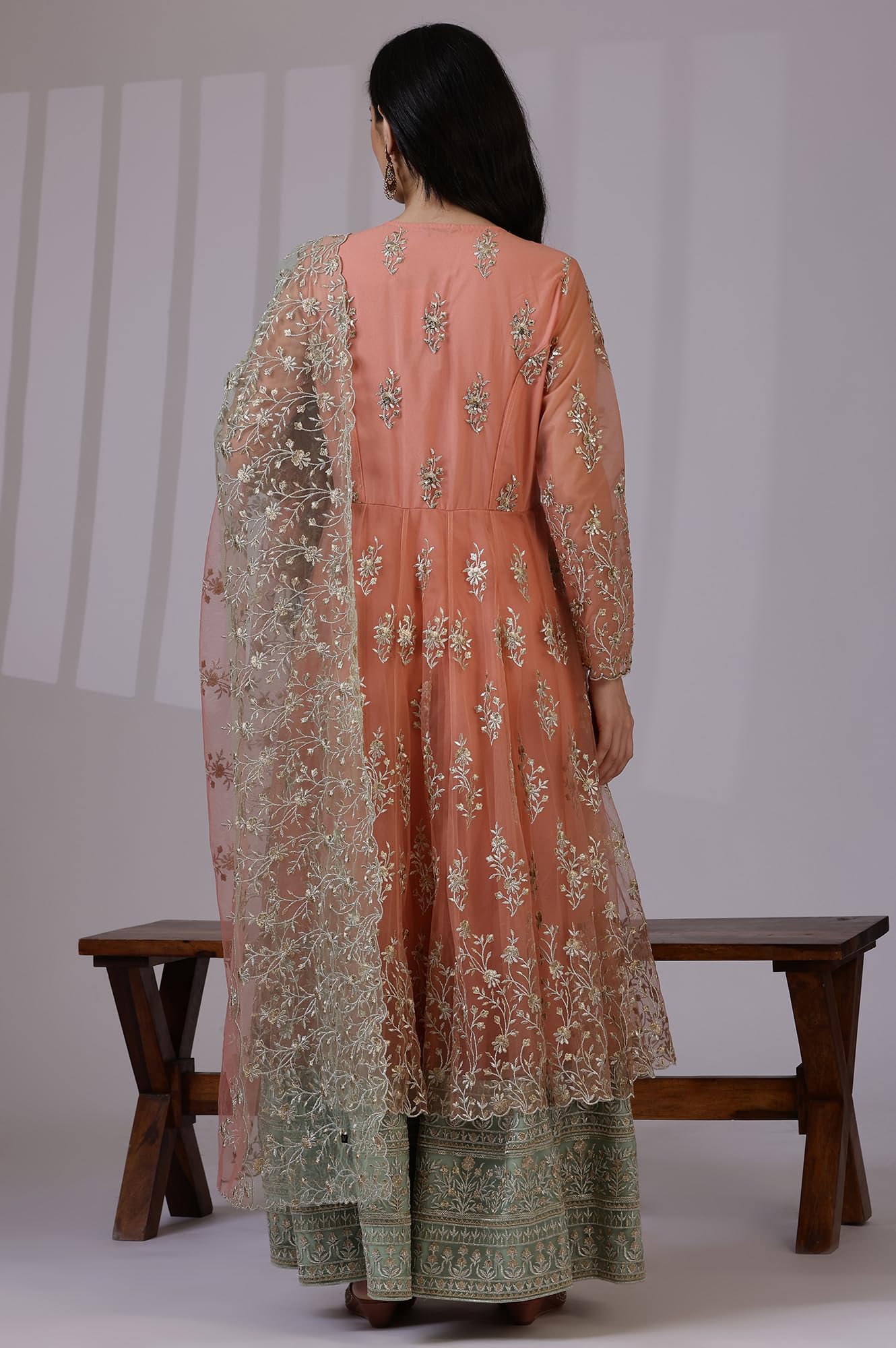 W for Woman Peach and Green Ombre Heavy Metallic Embroidered Layered Dress and Dupatta Set (Size: M)-24AUSP11987-400734