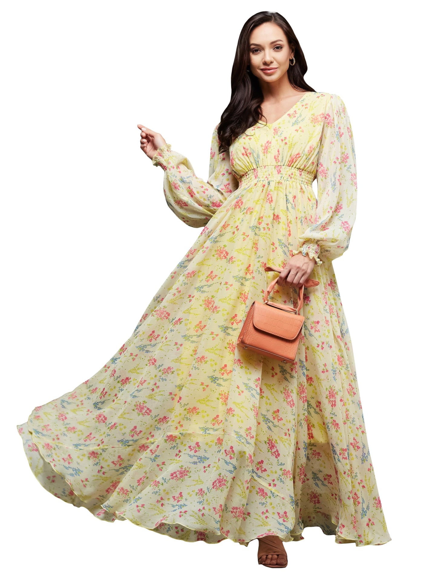 Miss Chase Women's V-Neck Bishop Sleeve Floral Gathered Chiffon Maxi Dress (MCSS23D06-65-278-05, Multicolored-Base-Lime Yellow, L)