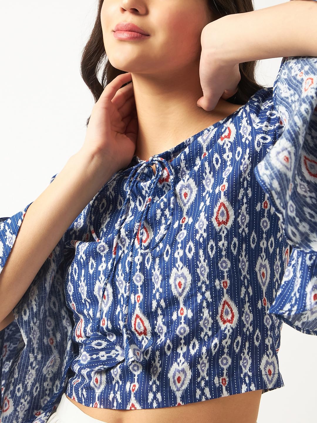 Pannkh Women's Ikat Printed Bell Sleeves Top Stylish Cotton Blouse with Ethnic Print and Flared Sleeves Perfect for Casual Wear