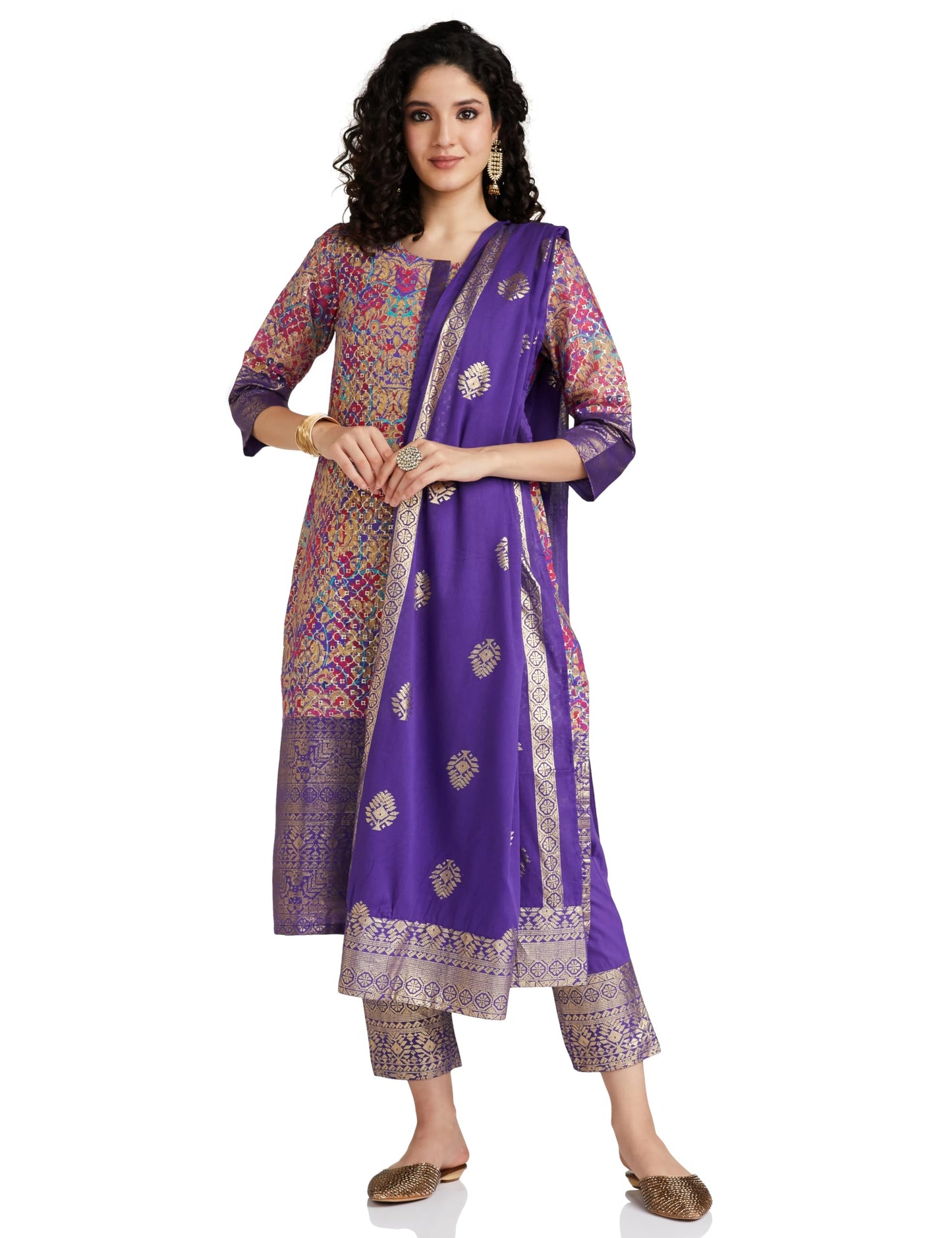 BIBA Women Cotton Blend Printed Straight Salwar Kurta Dupatta(Skdassorted7566E_Purple_36)