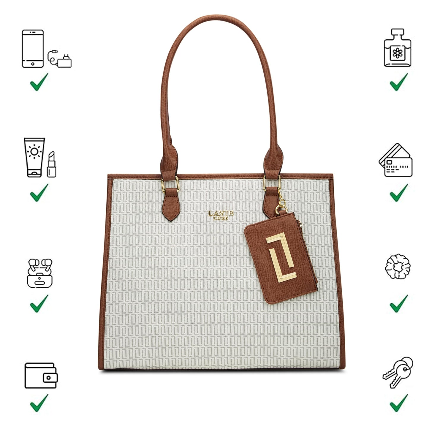 Lavie Luxe Women's Monogram Quad25 Pro Tote Laptop Bag | Fits Upto 14 Inch Laptop | Tote Laptop Bag for Work | Ladies Purse | Stylish Shoulder Bag | Gift for Women