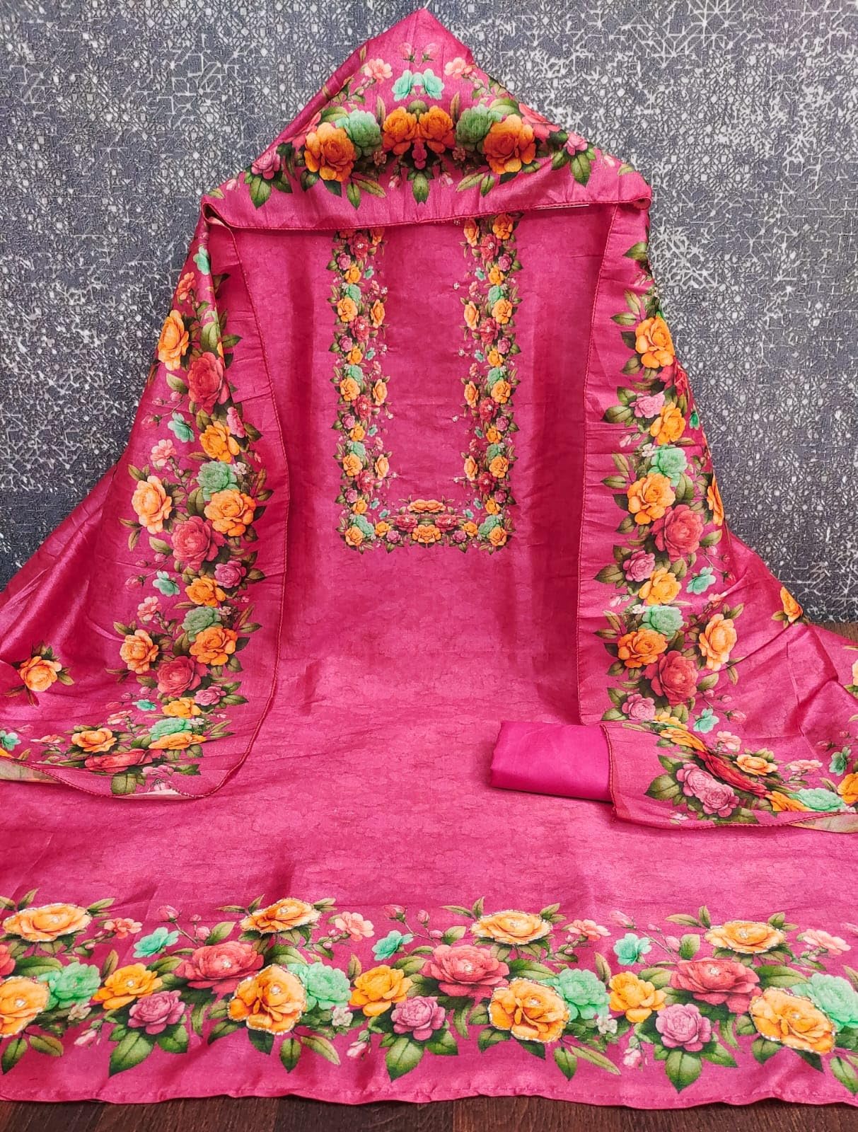 Leeli Peeri Designer Women's Vichitra Silk Floral Printed Unstitched Salwar Suit Dress Material