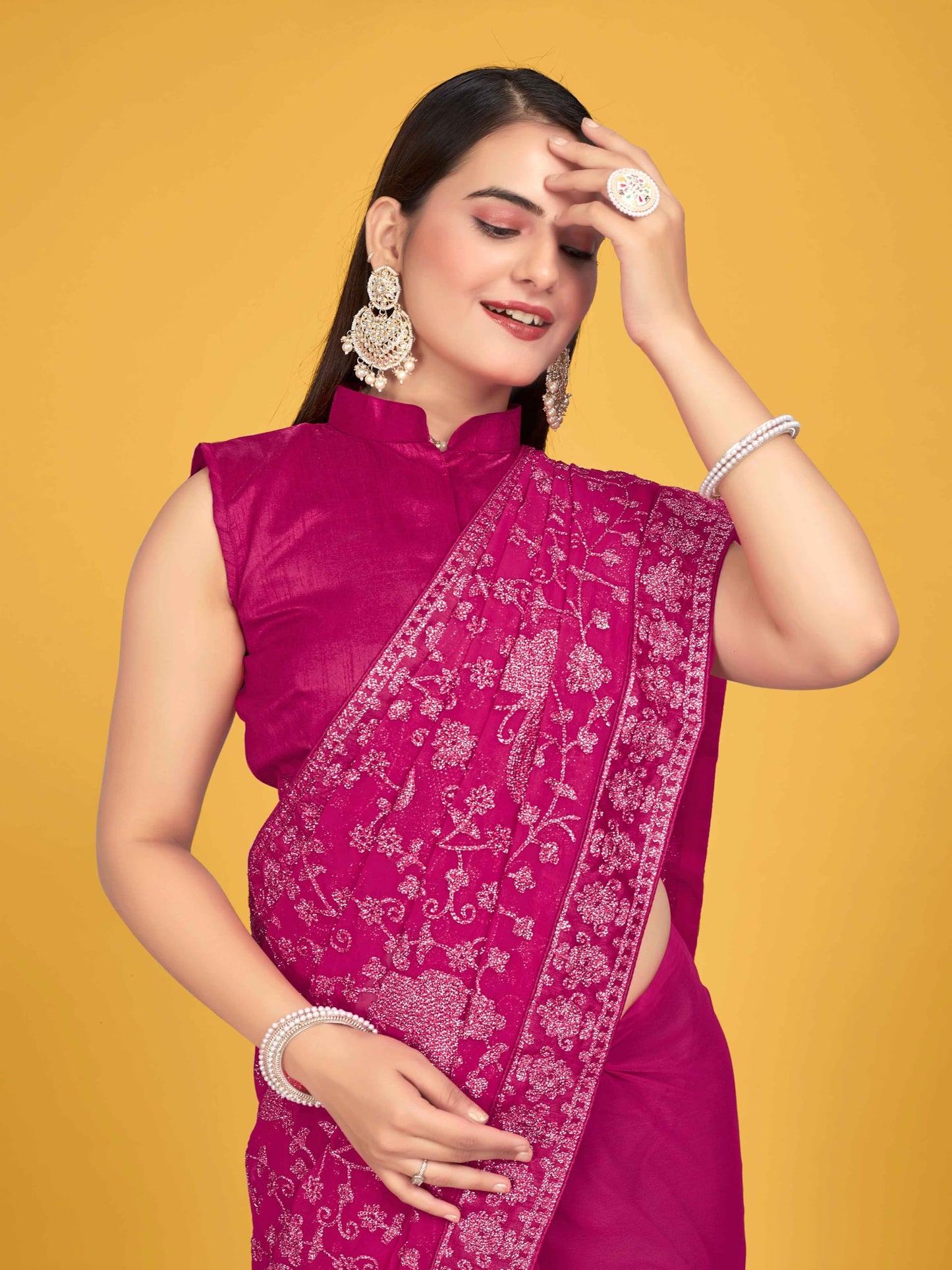 MANOHARI Women Georgette Most Trendy Embroidery Pink Saree With Blouse Piece