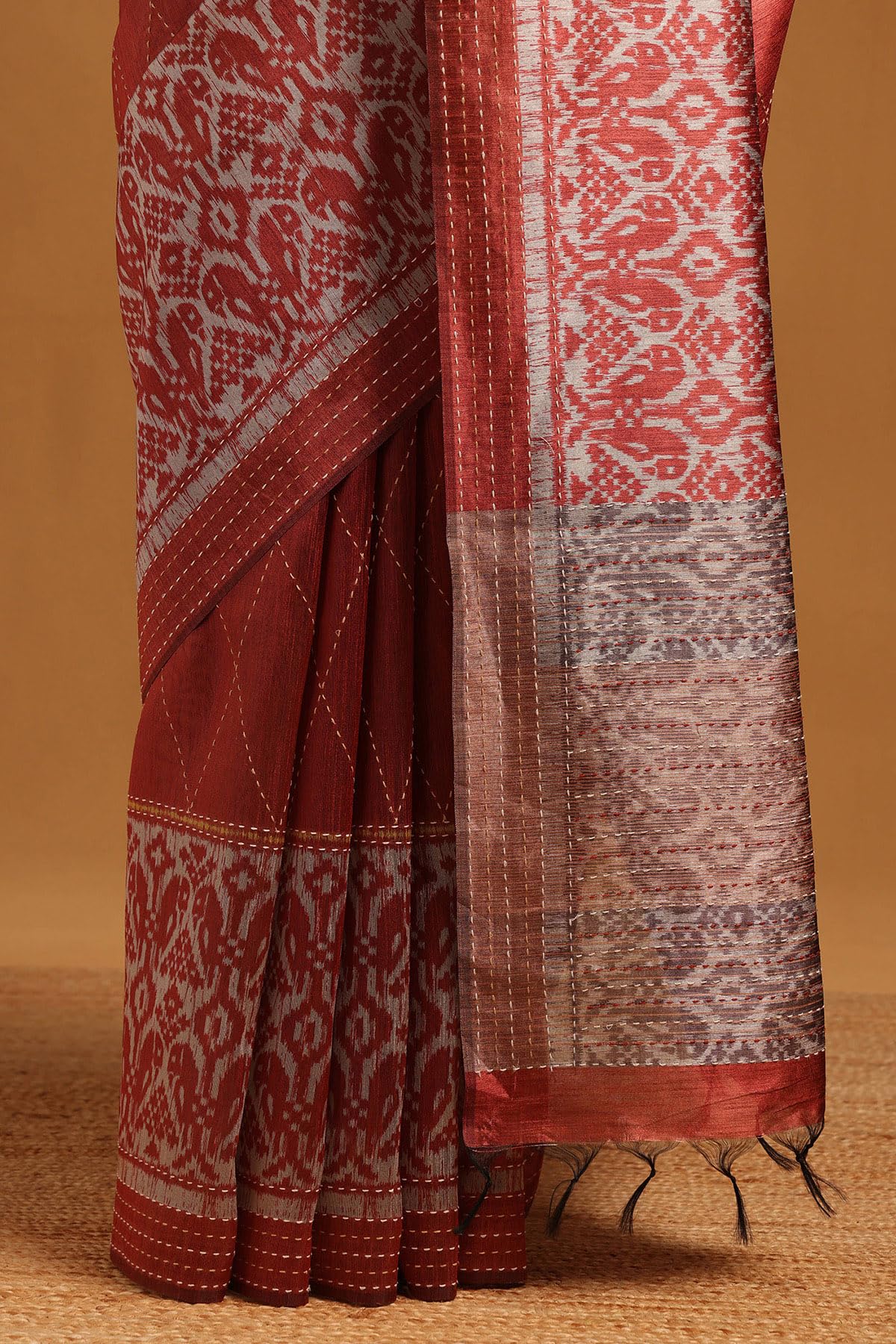 Soch Womens Rust Tussar Geometric Saree With Kantha Embroidery and Threadwork