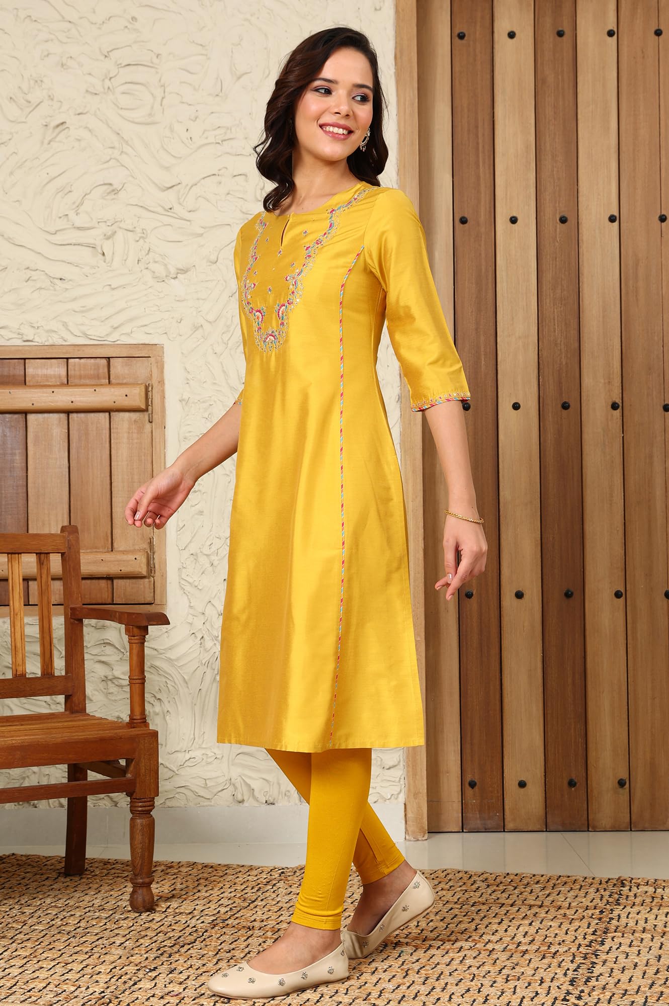 W for Woman Yellow Solid Viscose Lycra Tights with Elasticated Band_24AUW62170-222427_XL