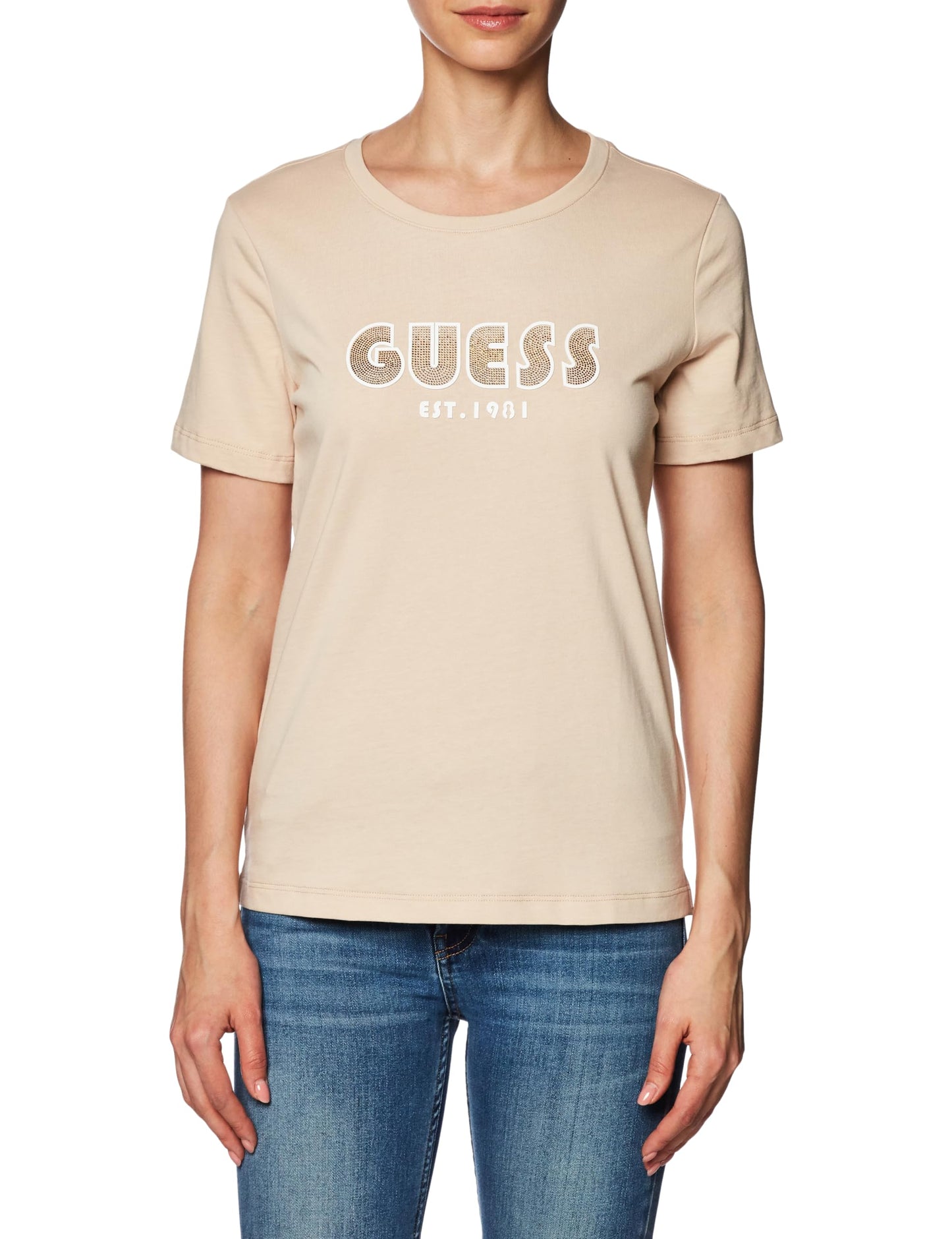 Guess Shaded Beige Short Sleeve T-Shirt for Women, beige, M
