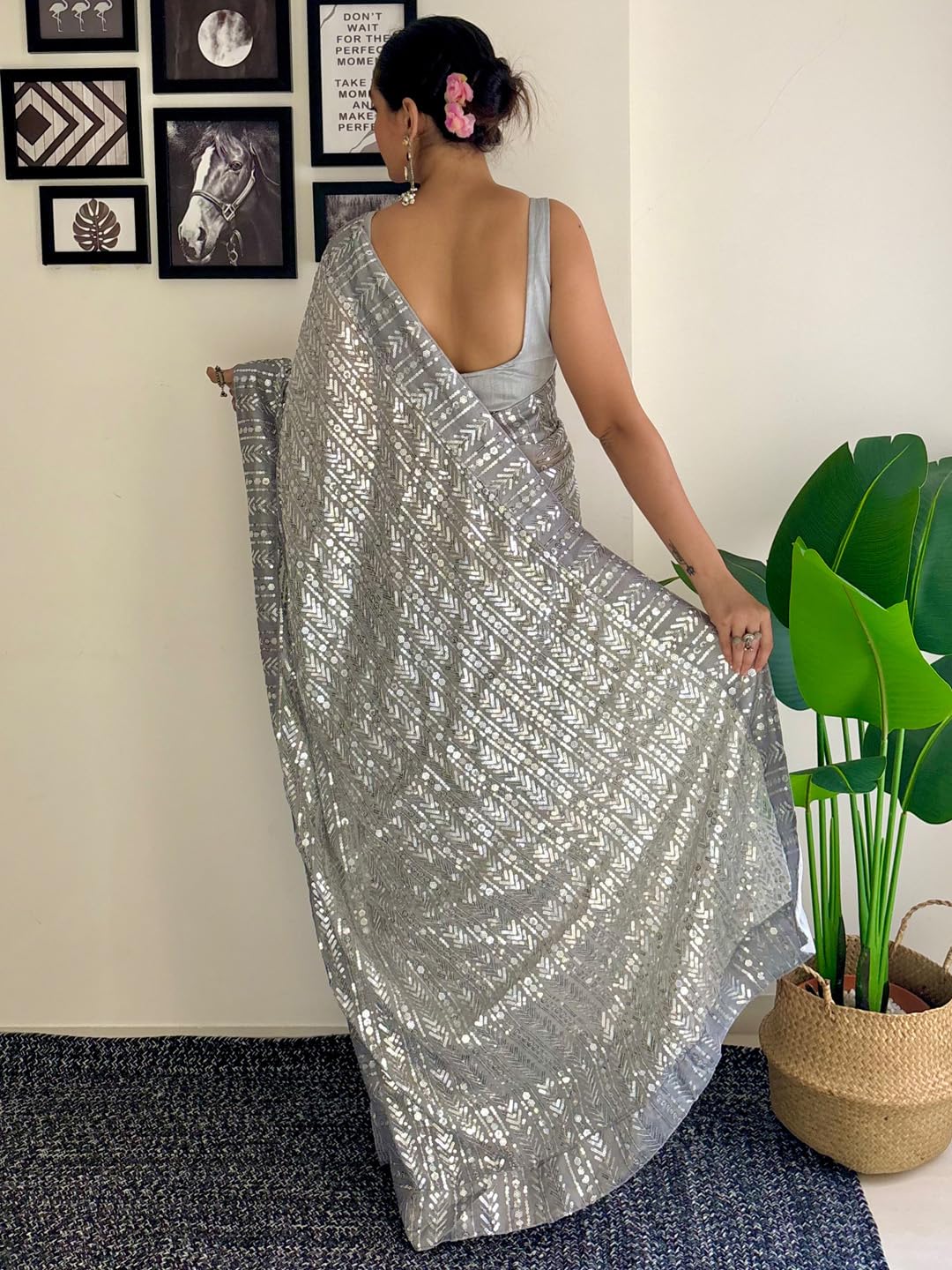 AKHILAM Women's Grey Georgette Sequins Embellished Saree with Unstitched Blouse Piece (KESARI5101_KR)