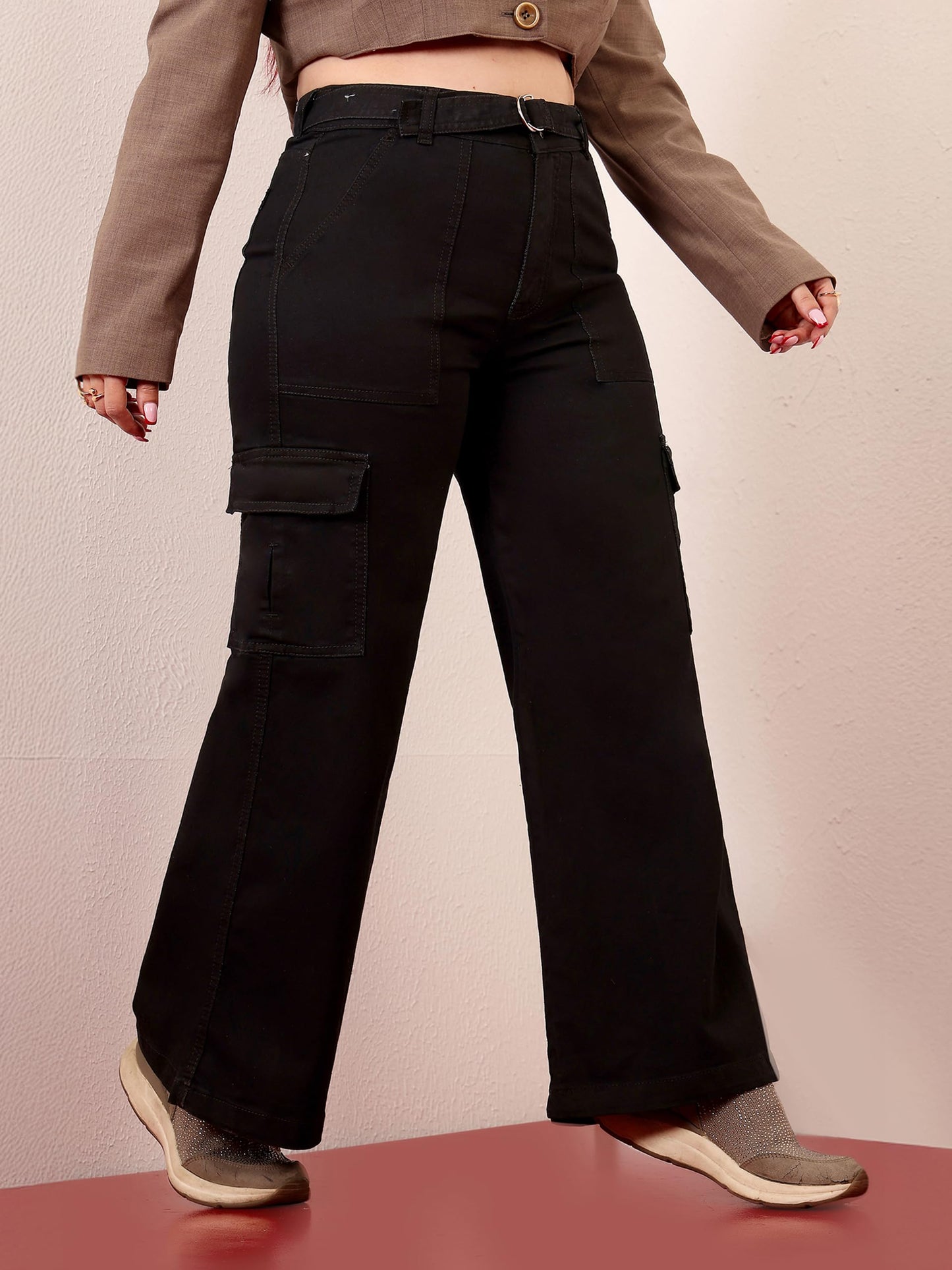 Miss Chase A+ Women's Wide Leg High Rise Regular-Length Stretchable Denim Jeans (APSS23DEN12-53-367-32, Licorice Black, 32)