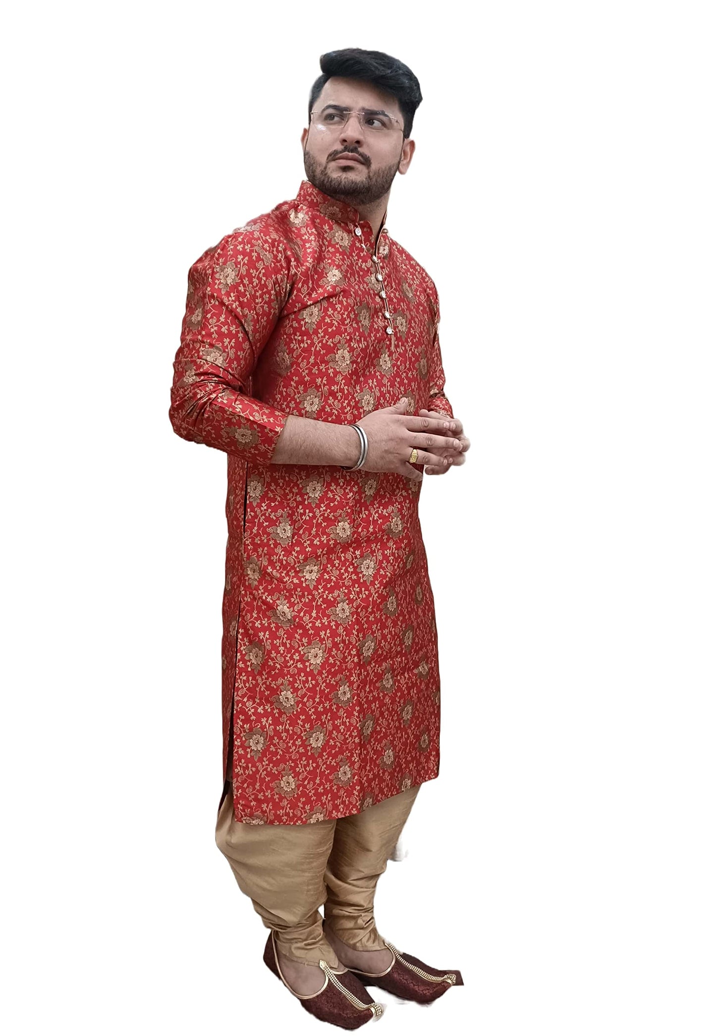 Over Crowd Men New Look Gold Plant Jacquard Kurta & Salwar Set (Maroon & Gold);Size:42