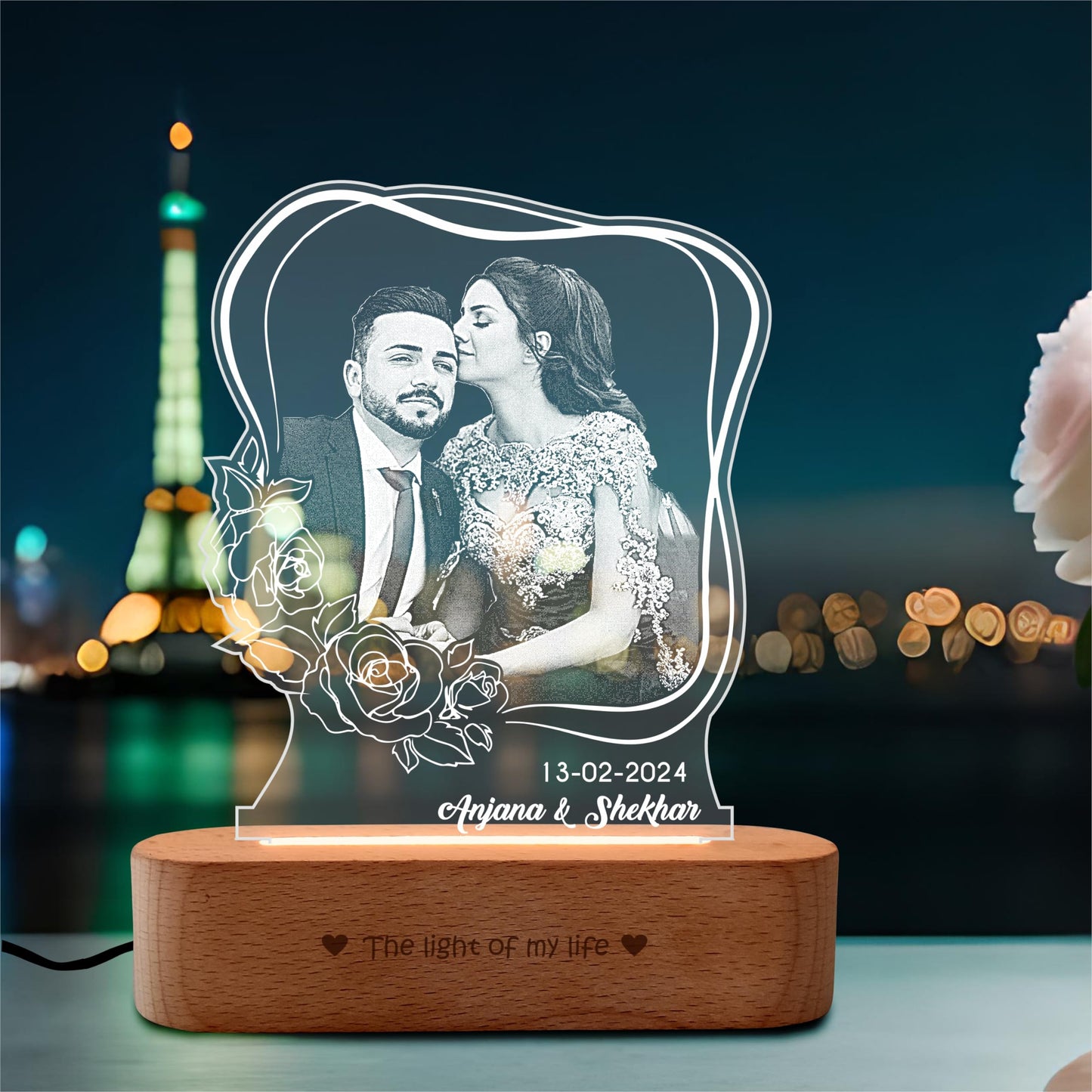 ZOCI VOCI Personalized Valentine Gift for Couple - LED Photo Frame | Customized Anniversary Gift for Wife & Husband | Photo Engraved Lamp (Bloom Light, Warm Light)