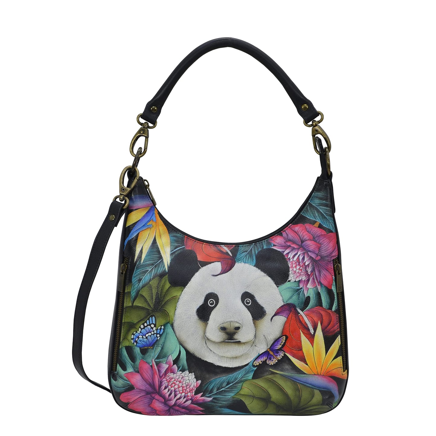 Anuschka Hand Painted Women’s Genuine Leather Convertible Slim Hobo with Crossbody Strap - Happy Panda