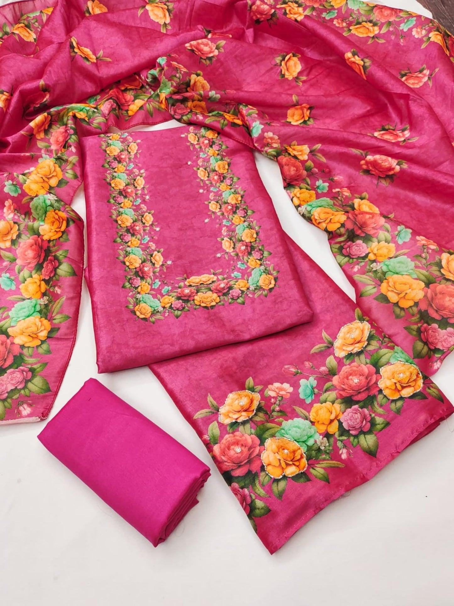 Leeli Peeri Designer Women's Vichitra Silk Floral Printed Unstitched Salwar Suit Dress Material