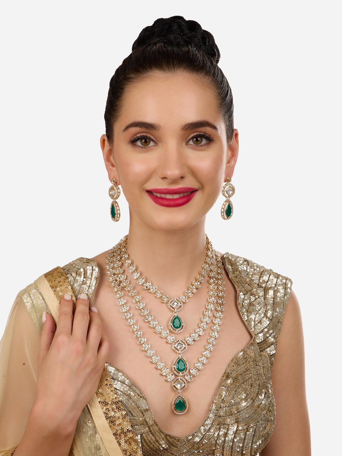 ZAVERI PEARLS Green Dazzling Stones Austrian Diamonds Embellished Layered Necklace & Earring Set For Women-ZPFK18891