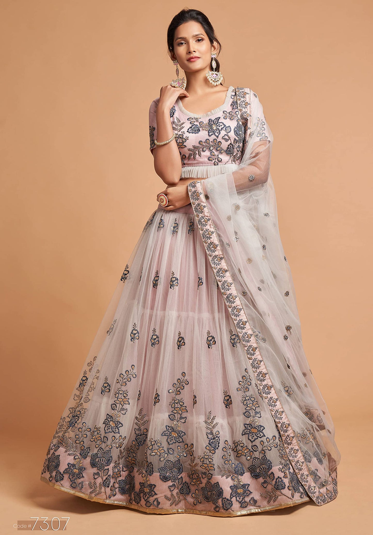 Zeel Clothing Women's Net Embroidered Semi-Stitched New Bridal Lehenga Choli with Dupatta (7307-Grey-Wedding-Girlish-Latest-Lehenga; Free Size)