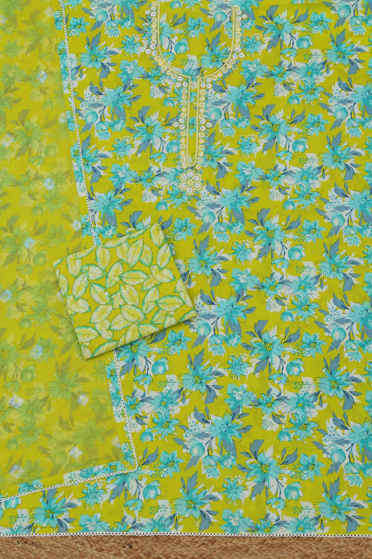 Soch Womens Green Cotton Floral Dress Material With Beads