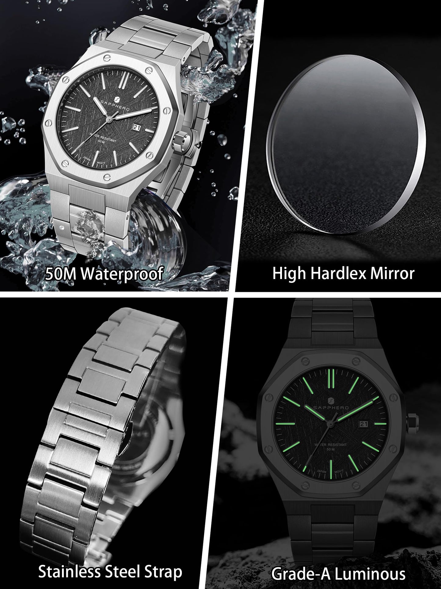 SAPPHERO Men's Watch Octagonal Stainless Steel 30M Waterproof Luminous Wristwatch Luxury Analog Quartz Watch for Men with Date Elegant Mens, Silver and black