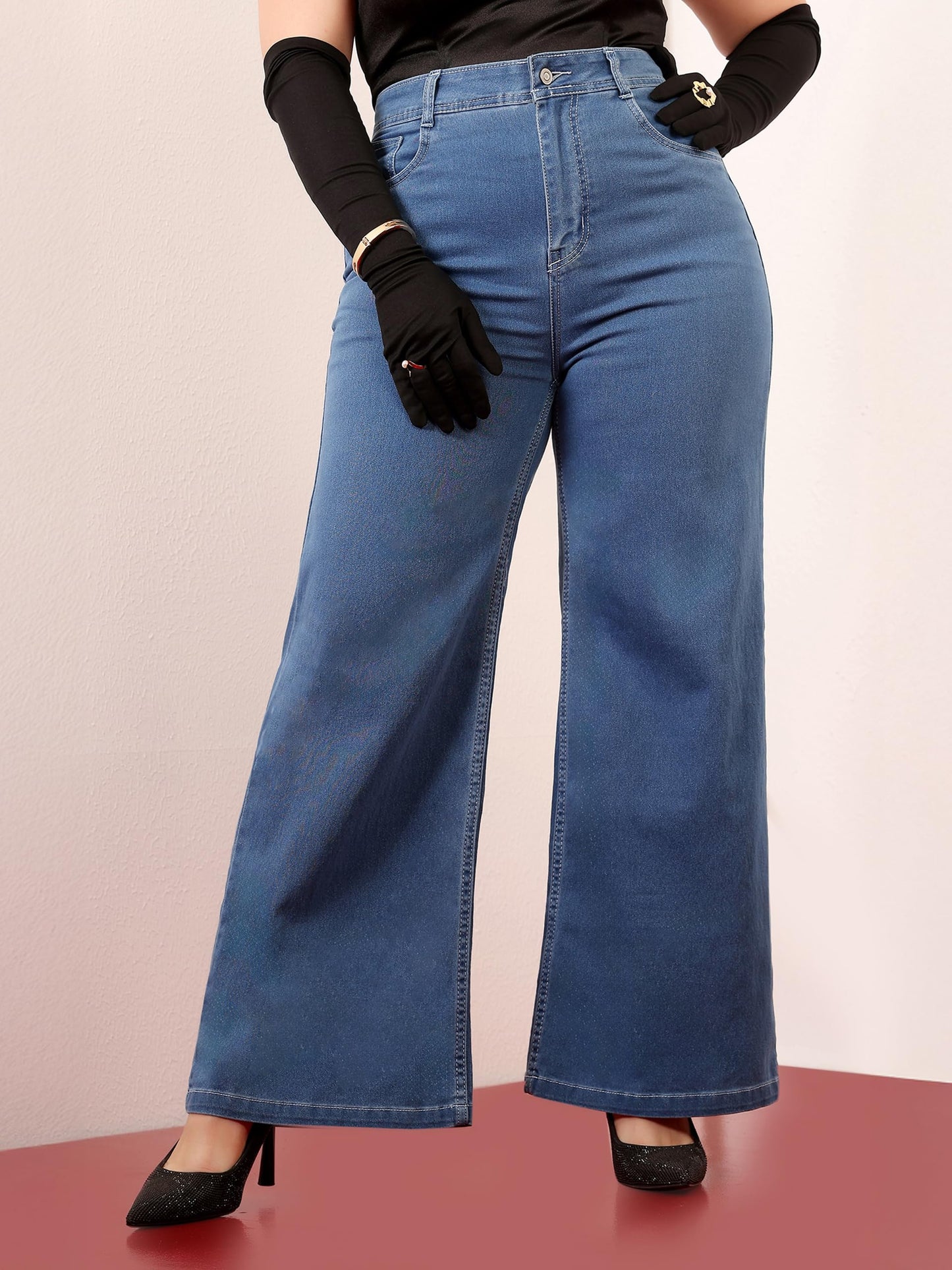 Miss Chase A+ Women's Wide Leg High Rise Regular-Length Stretchable Denim Jeans (APSS23DEN12-53-886-28, Indicolite Blue, 28)