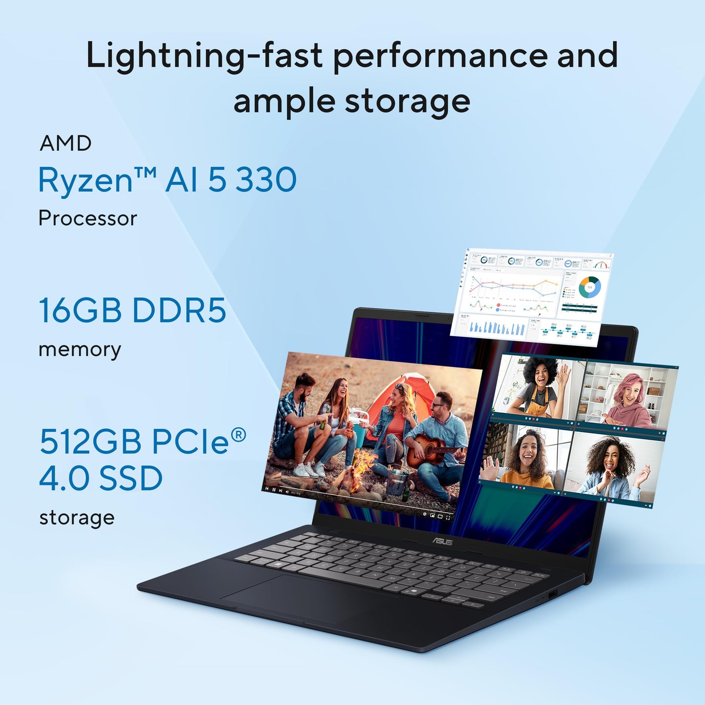 ASUS Vivobook 14, Smartchoice, AMD Ryzen AI 5 330, 16GB RAM, 512GB SSD,FHD+ 14", Win11,Office Home 2024, M365 Basic (1Year), Quiet Blue, 1.46Kg, M1407KA-LY132WS,AMD Radeon iGPU, 50 Tops, Copilot AI PC
