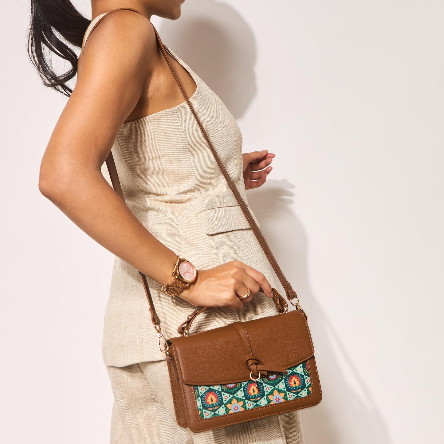 Chumbak London Satchel for Women, Tan Floral PU Leather, Digital Nomad Collection, Structured Zipper Satchel, Elegant and Durable Shoulder Bag for Travel and Work