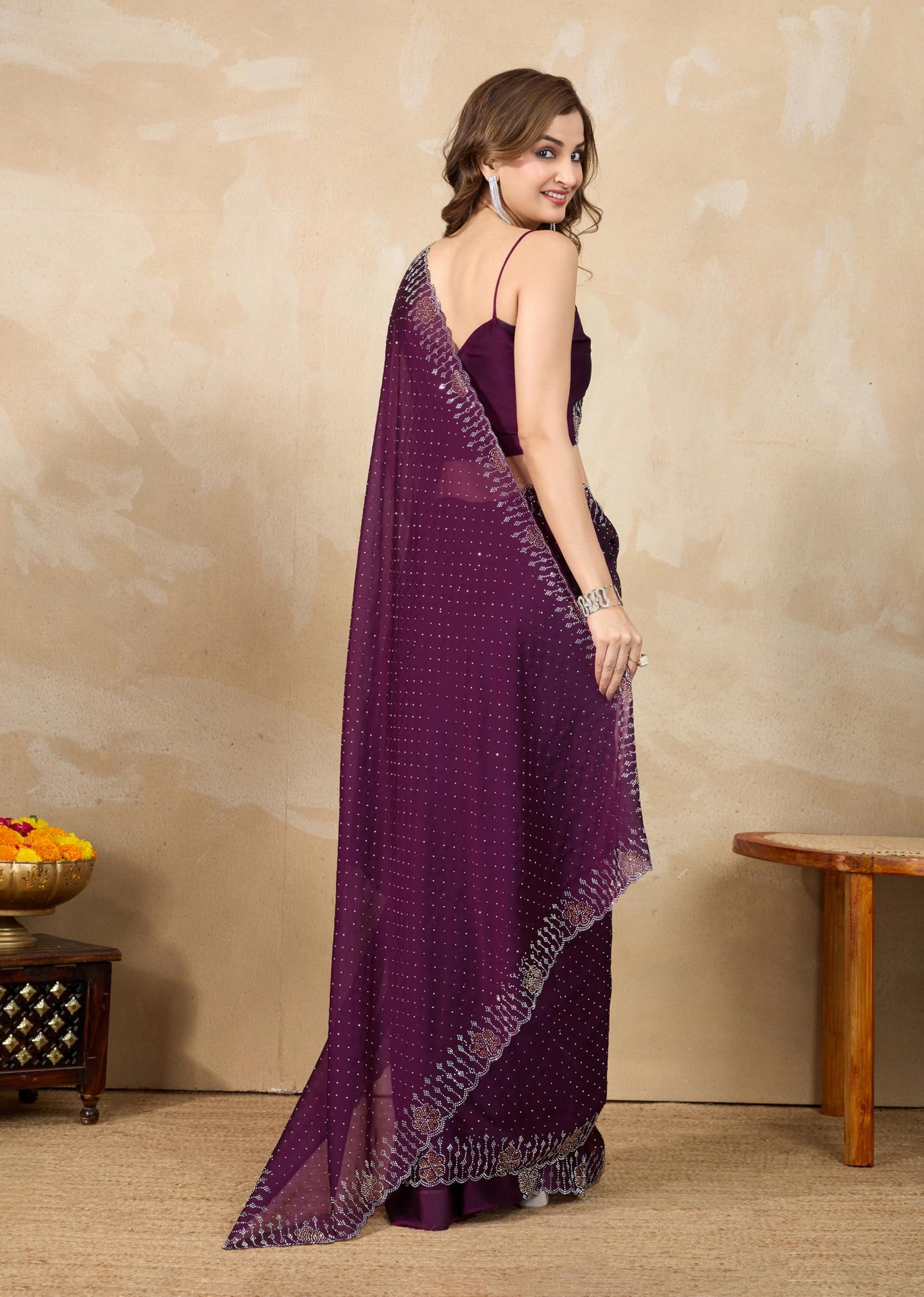 TRENDMALLS Women's Silk Siroski Work Saree with Unstitch Blouse Piece (K1155-Purple)