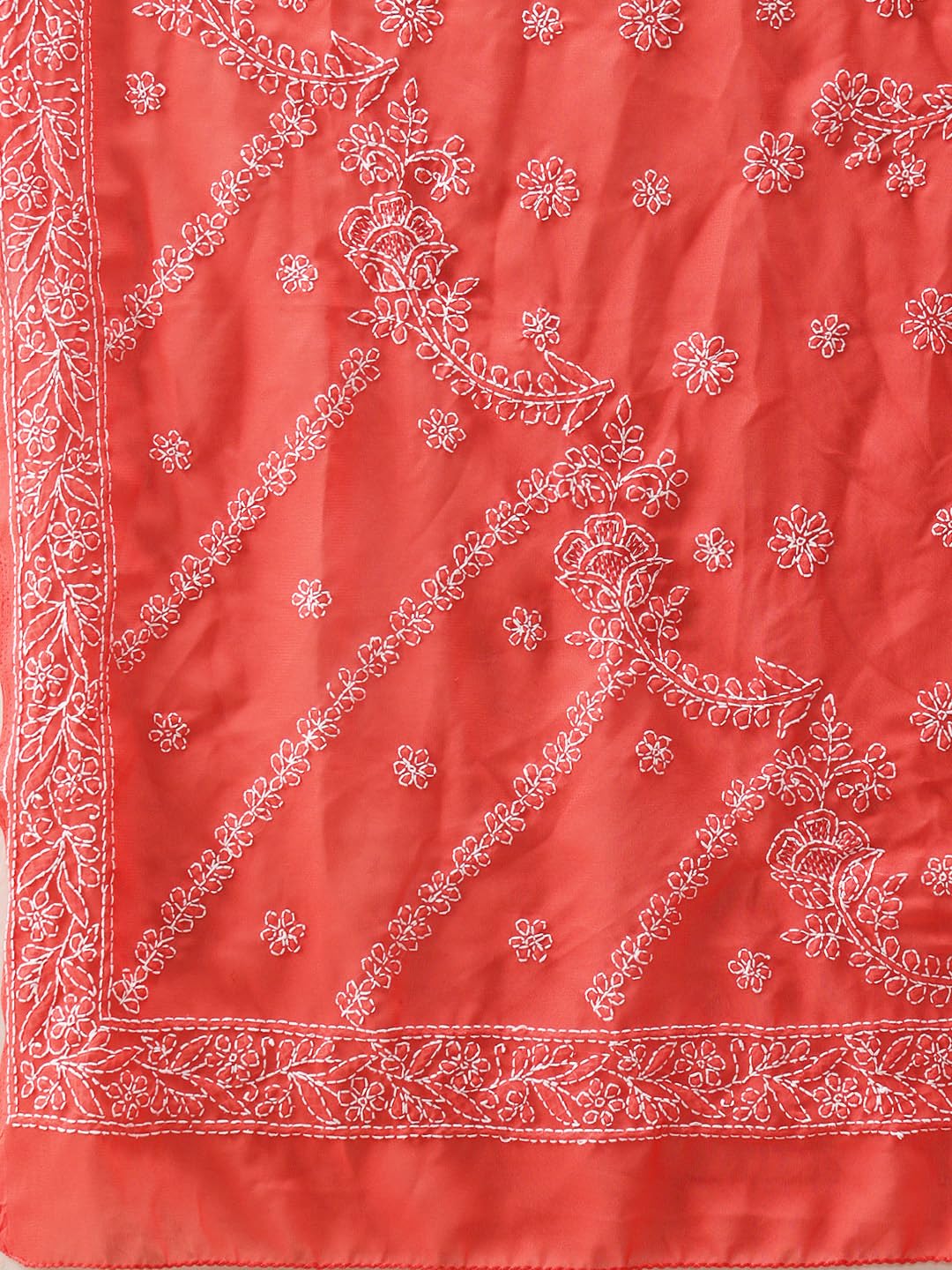 Ada Women's Hand Embroidered Lucknow Chikan Faux Georgette Saree with Blouse A219386 Carrot Pink