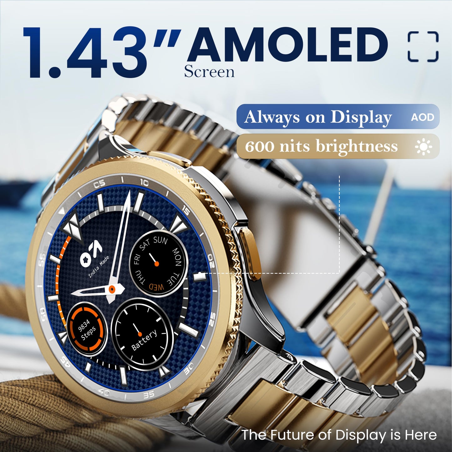 GOBOULT Newly Launched Pyro Smartwatch 1.43'' AMOLED Screen, BT Calling 5.3, 600 Nits Brightness, IP68, 150+ Watchfaces, 120+ Sports Modes, AI Voice Assistant, SpO2 Monitoring (Platinum Gold)