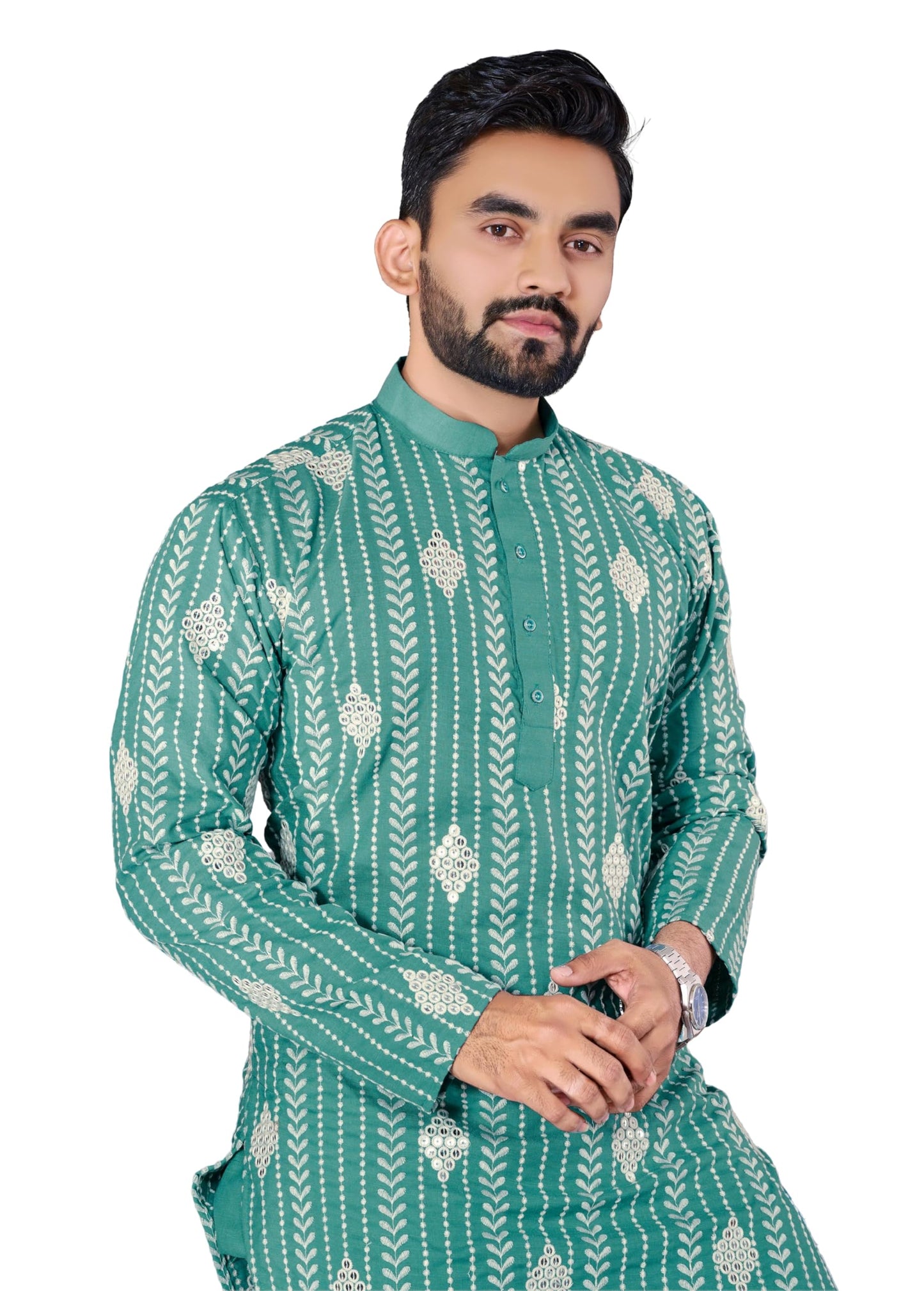 LAZZLY Sequin Embroidered Pure Cotton Kurta for Men | Knee Length | Festival | Ethnic Wear | Mirror Kurta | (in, Alpha, M, Regular, Pee_Rama)