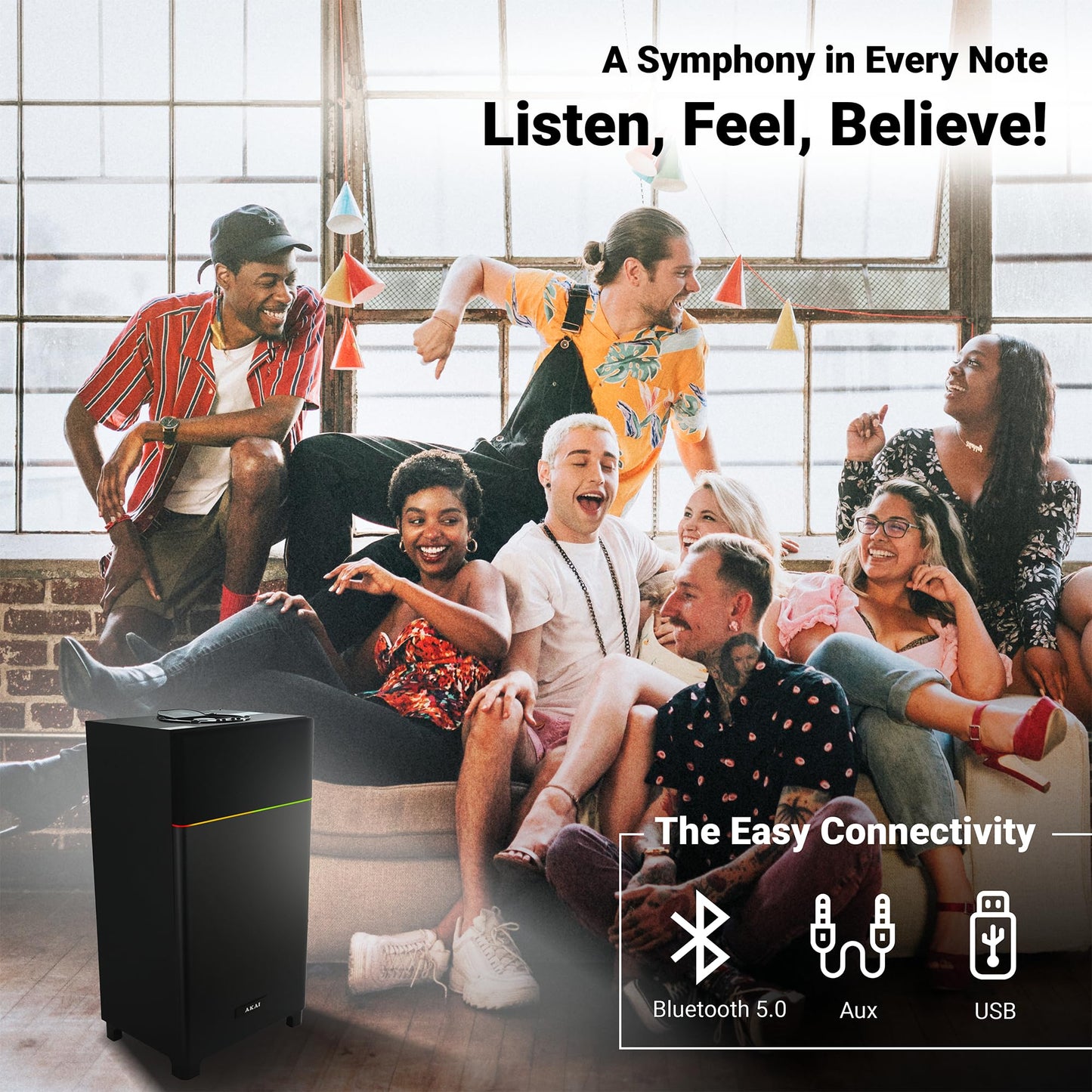 AKAI UltraBoom-80 Bluetooth Party Speaker with Mic, 80 Watts High Bass, LED Lights, Home Theater Music System, Karaoke MIC Speaker, HDMI (ARC), AUX, USB, FM, Remote, Surround Sound for TV & Events