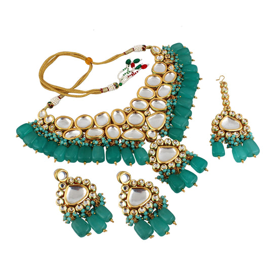 Lucky Jewellery Meenakari 18K Gold Plated Turquoise Blue Pentagon Shape Uncut Kundan Combo Necklace Set For Women