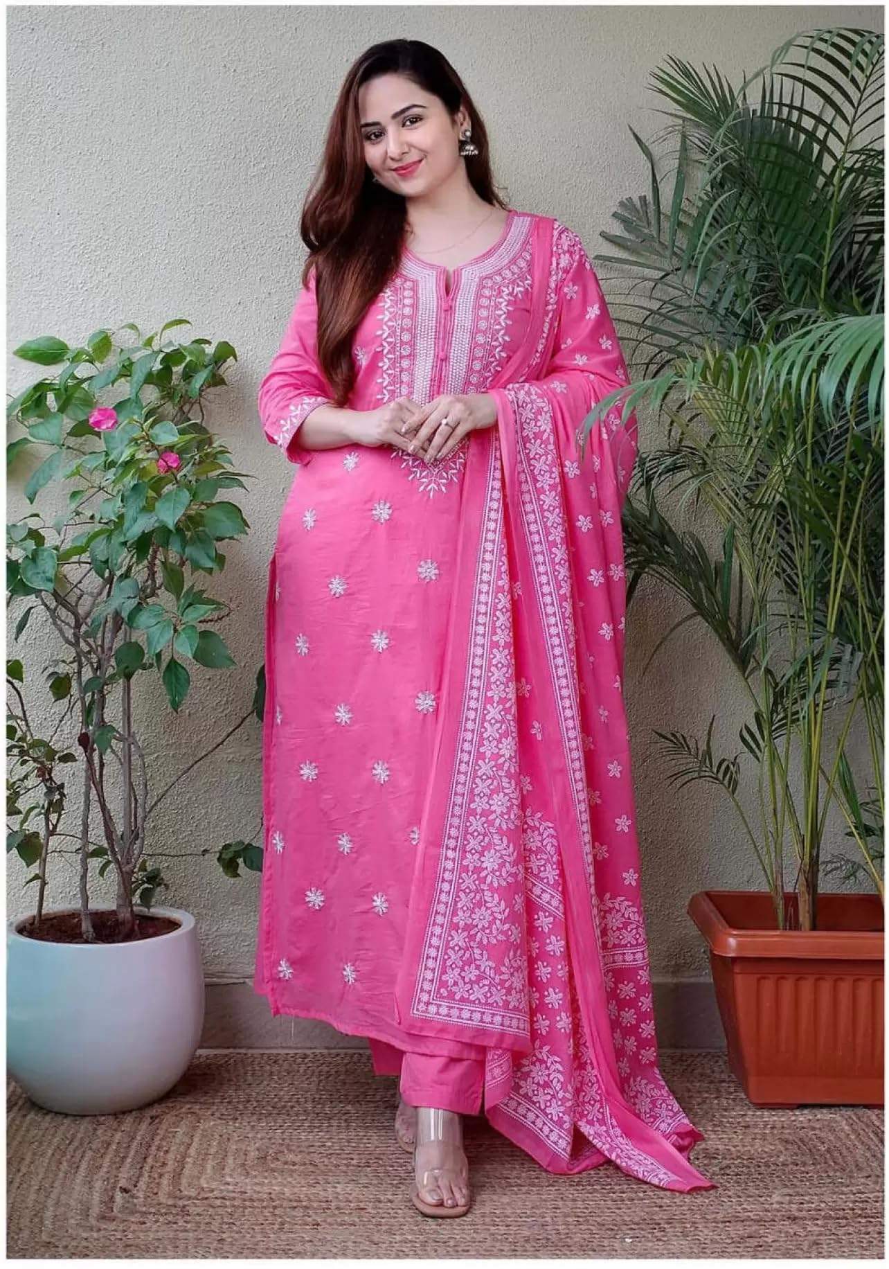 Royal Export Women's Viscose Floral Embroidered Straight Kurta Pant with Dupatta Set | Kurta Sets for Women Pink