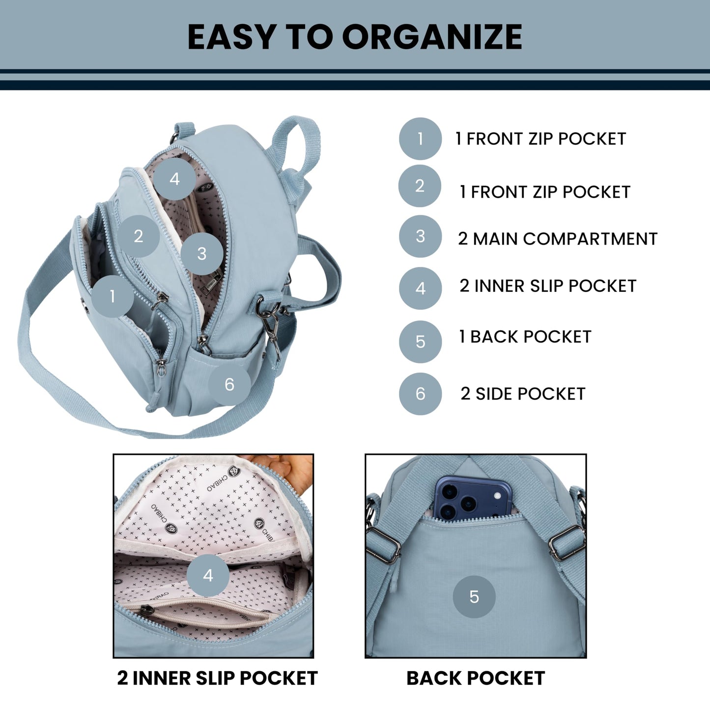 12o12 Water-Resistant Anti-Theft Women's & Girls Mini Backpack with Multiple Compartments Storage, Smooth Zippers, Fashion Casual Crossbody Sling Bag for Trips, Travel Daypack, Work, College (Skyblue)