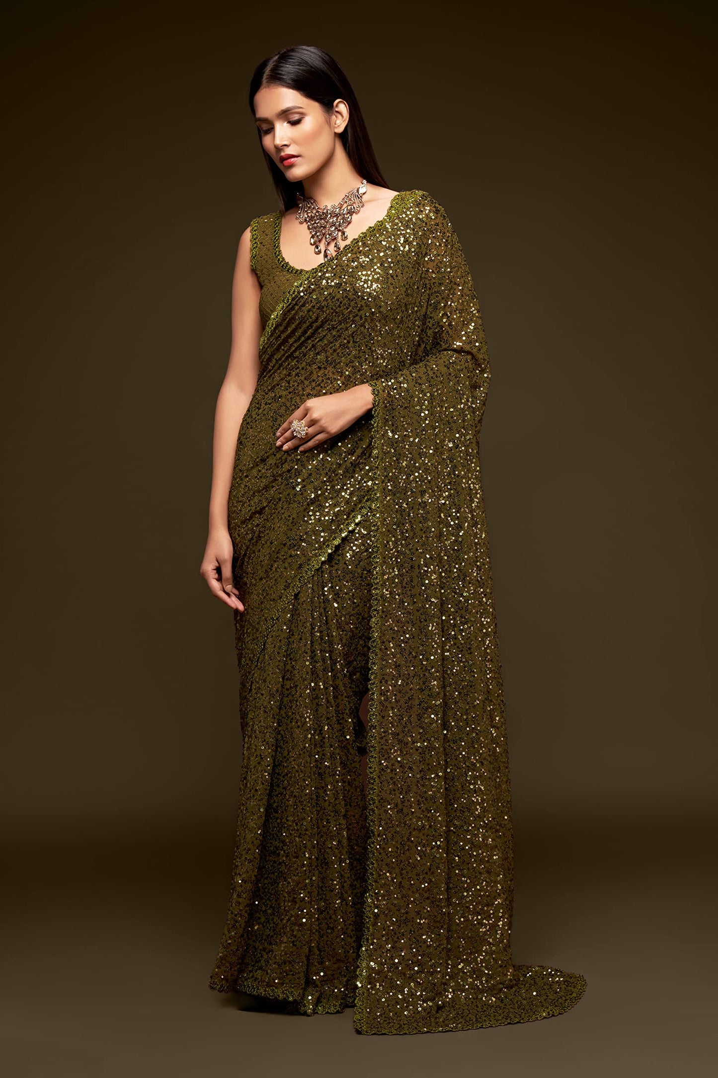 TRENDMALLS Women's Georgette Embroidery Sequin Work Saree with Unstitch Blouse Piece (K951-Mehndi)