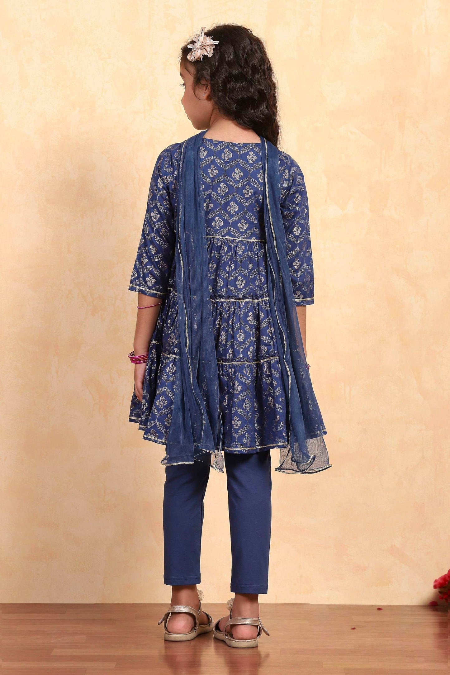 Biba Girl's Blue Cotton Tiered Printed Kurta Churidar Set