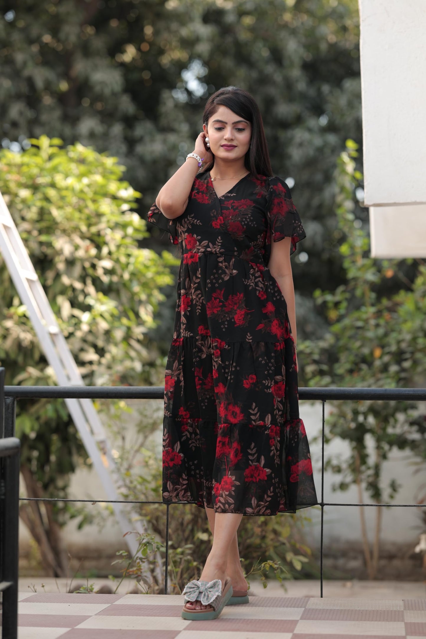 HOSI Georgette Fit and Flare Below The Knee One Piece Maxi Dresses Midi Dress for Women HOSI Georgette Fit and Flare Below The Knee One Piece Maxi Dresses Midi Dress for Women