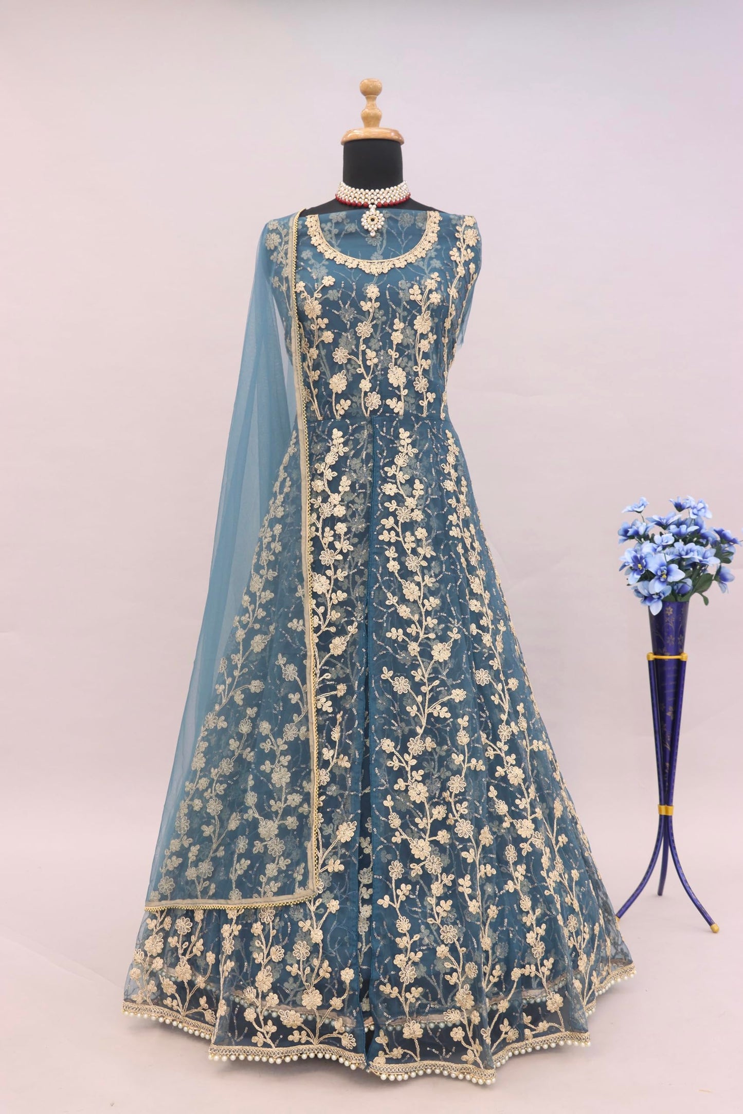 RUDRAPRAYAG Net And Santoon Embroidered Semi Stitched Ankle Length Anarkali Gown For Women